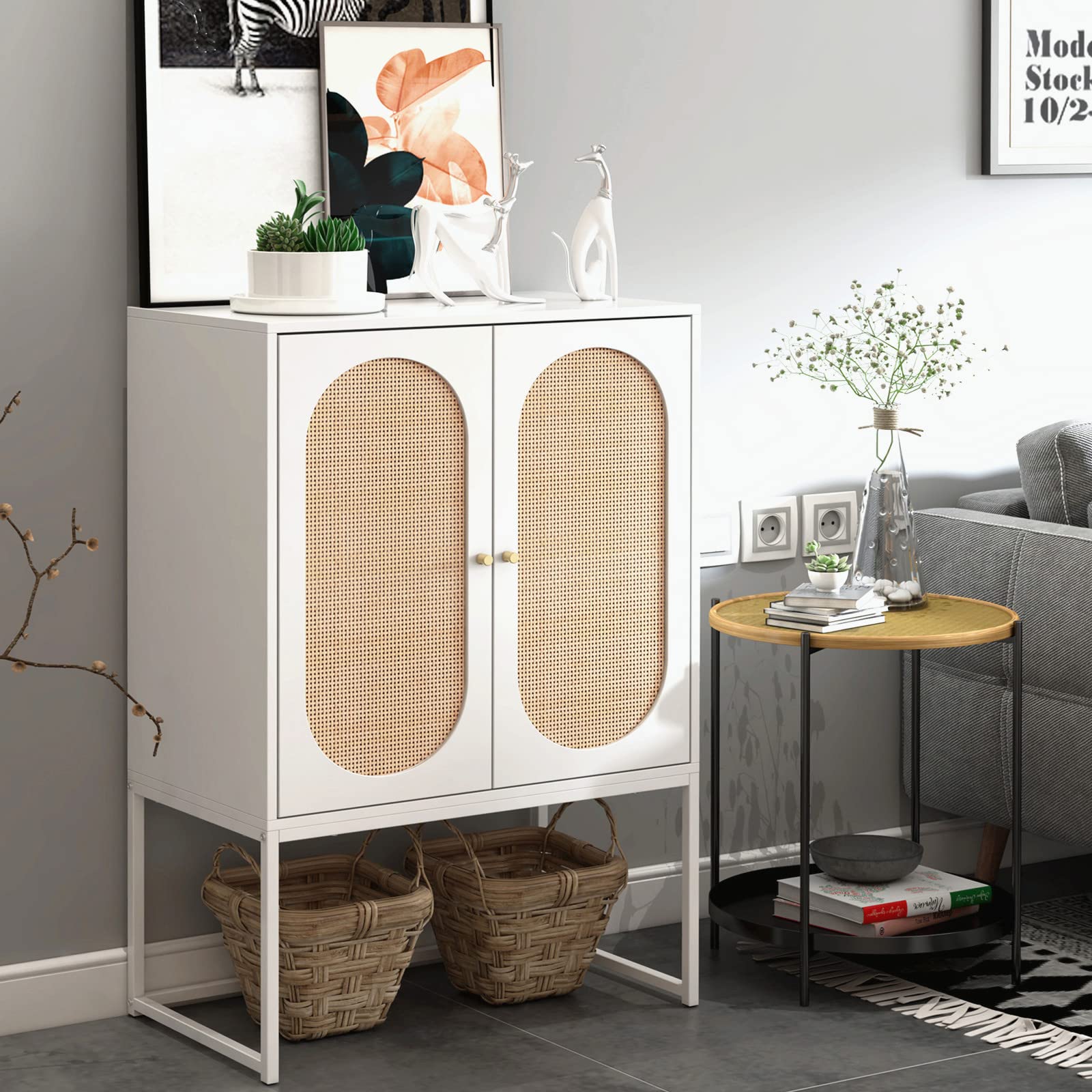 Rattan Sideboard Buffet Cabinet with 2 Doors & Metal Legs - Rustic Wood Storage Console Table for Living Room, Bedroom, Kitchen & Hallway | Perfect for Dining Room Storage, Entryway Organizer & Home Decor Accent Piece