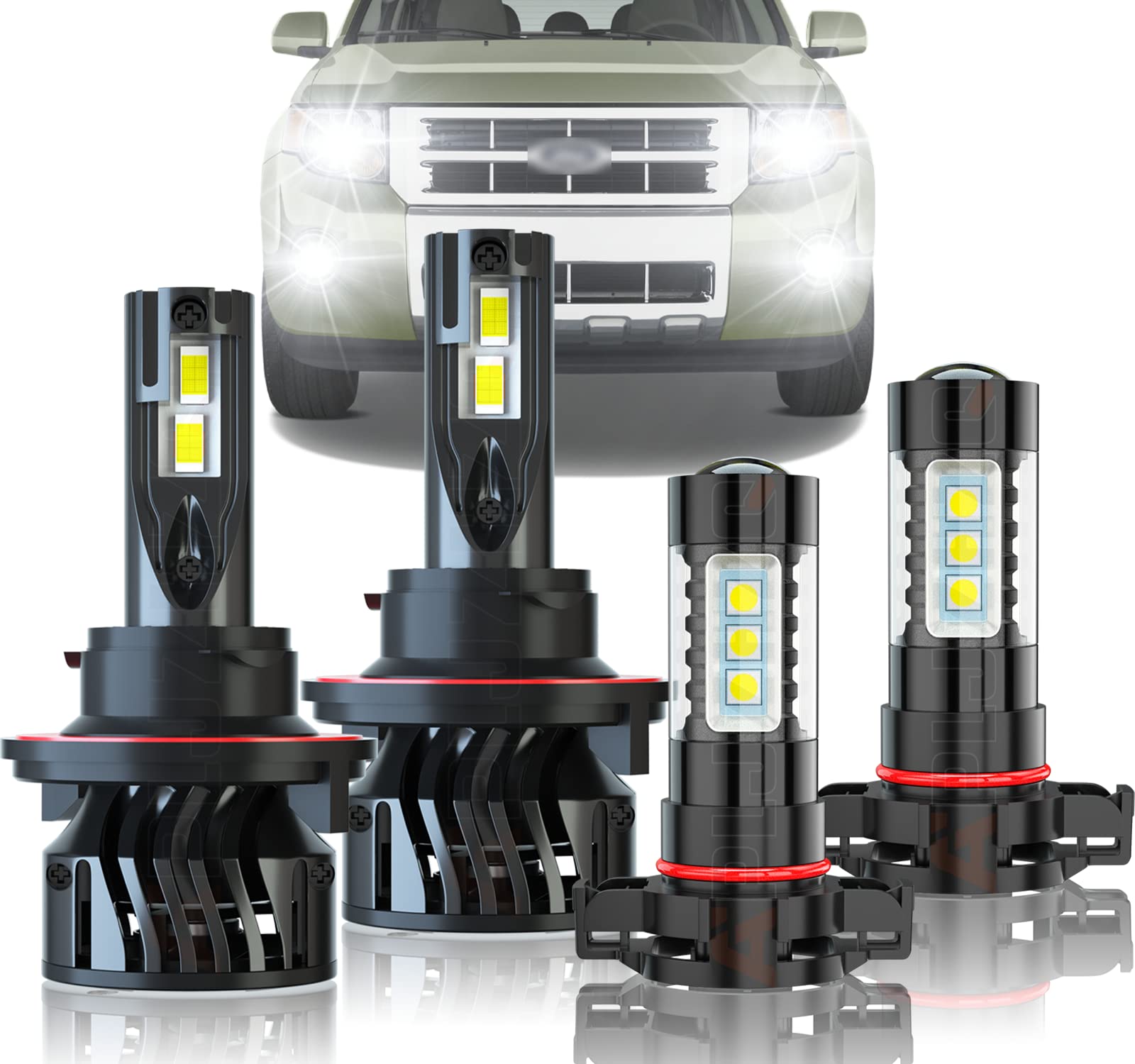 APLJZHZQ 9008 H13 LED Headlight Bulbs & H16 5202 LED Fog Light Bulbs - 20000LM, 6500K Cool White - Compatible with 2008-2012 Ford Escape - High/Low Beam Conversion Kit - Plug & Play (Pack of 4) - Perfect for Night Driving & Foggy Conditions
