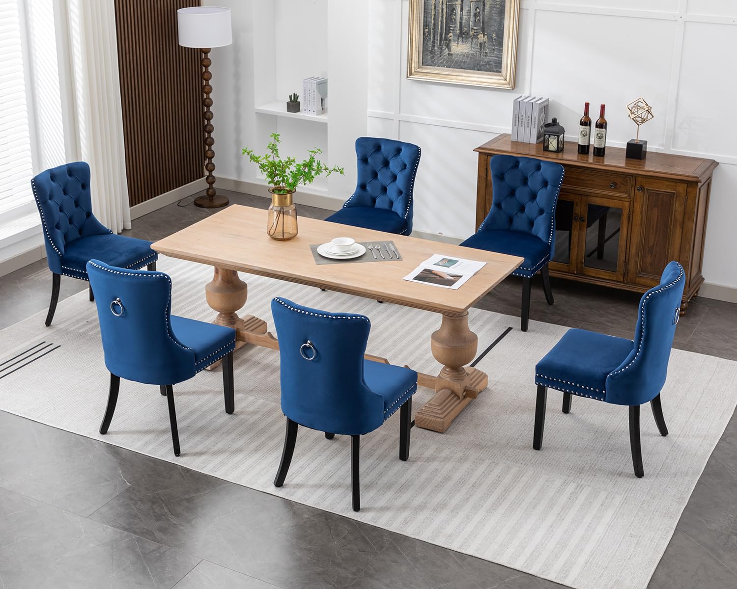 Luxury Velvet Dining Chairs Set of 6 - Modern Upholstered Tufted Kitchen Chairs with Nailhead Trim & Solid Wood Legs, Nikki Collection in Elegant Blue | Perfect for Dining Room, Kitchen, and Entertaining Guests