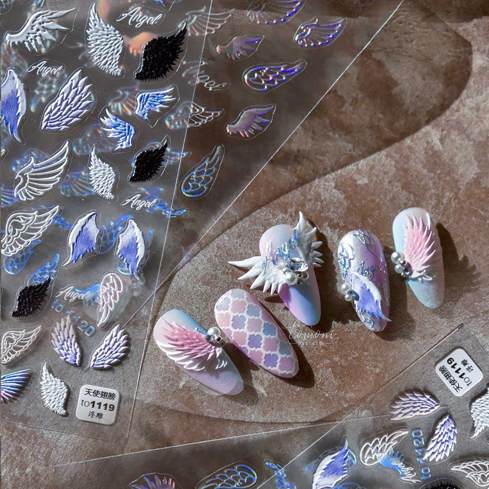 5D Creative Angel Wings Nail Art Stickers - Self-Adhesive Embossed Nail Decals for Women & Girls | Colorful Wing Designs for Parties, Weddings & Special Occasions