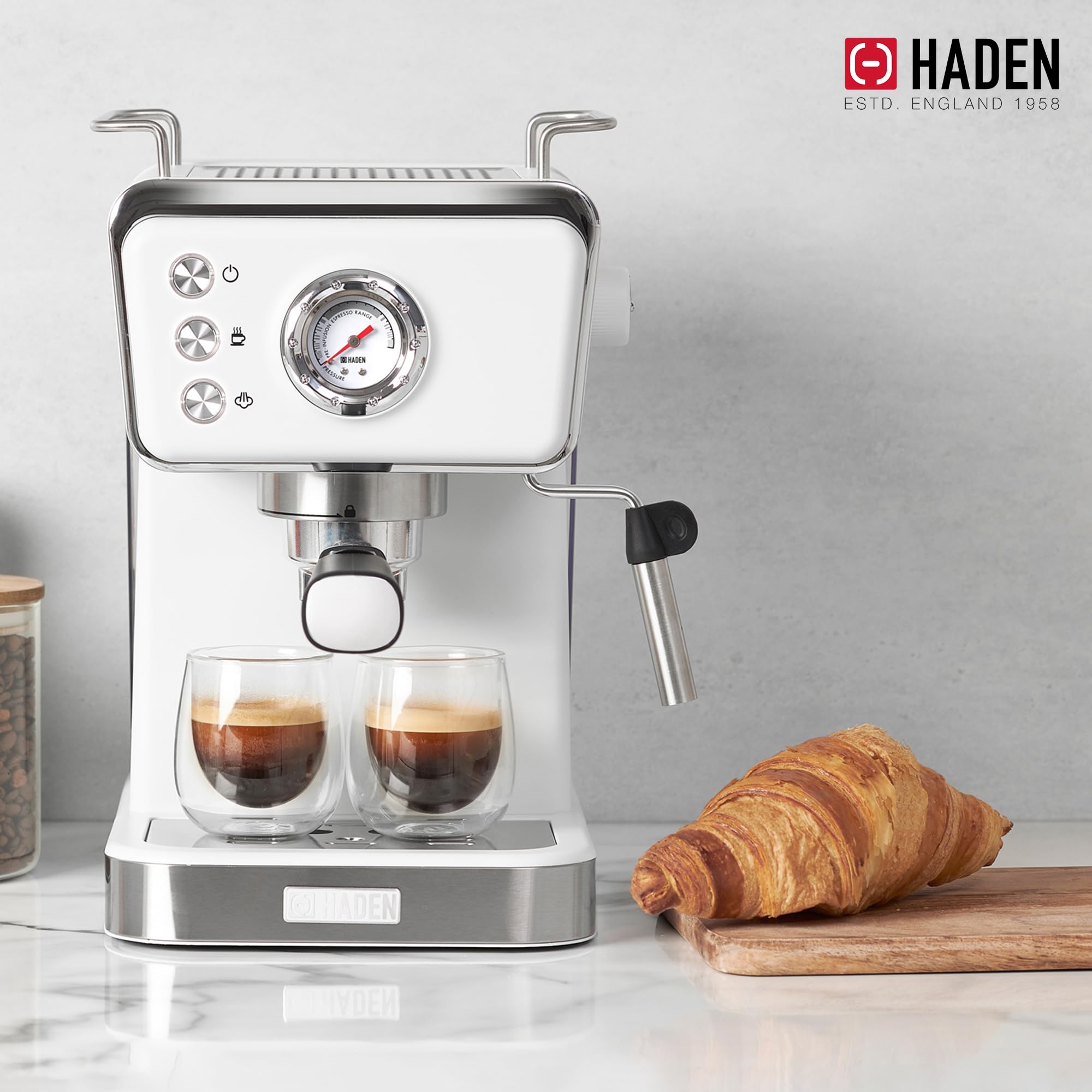 HADEN Barista Brew Espresso Coffee Machine - Stainless Steel Espresso Maker with Milk Frother, Steamer & 1.5L Water Tank, Ivory & Copper - Perfect for Home Baristas & Coffee Lovers