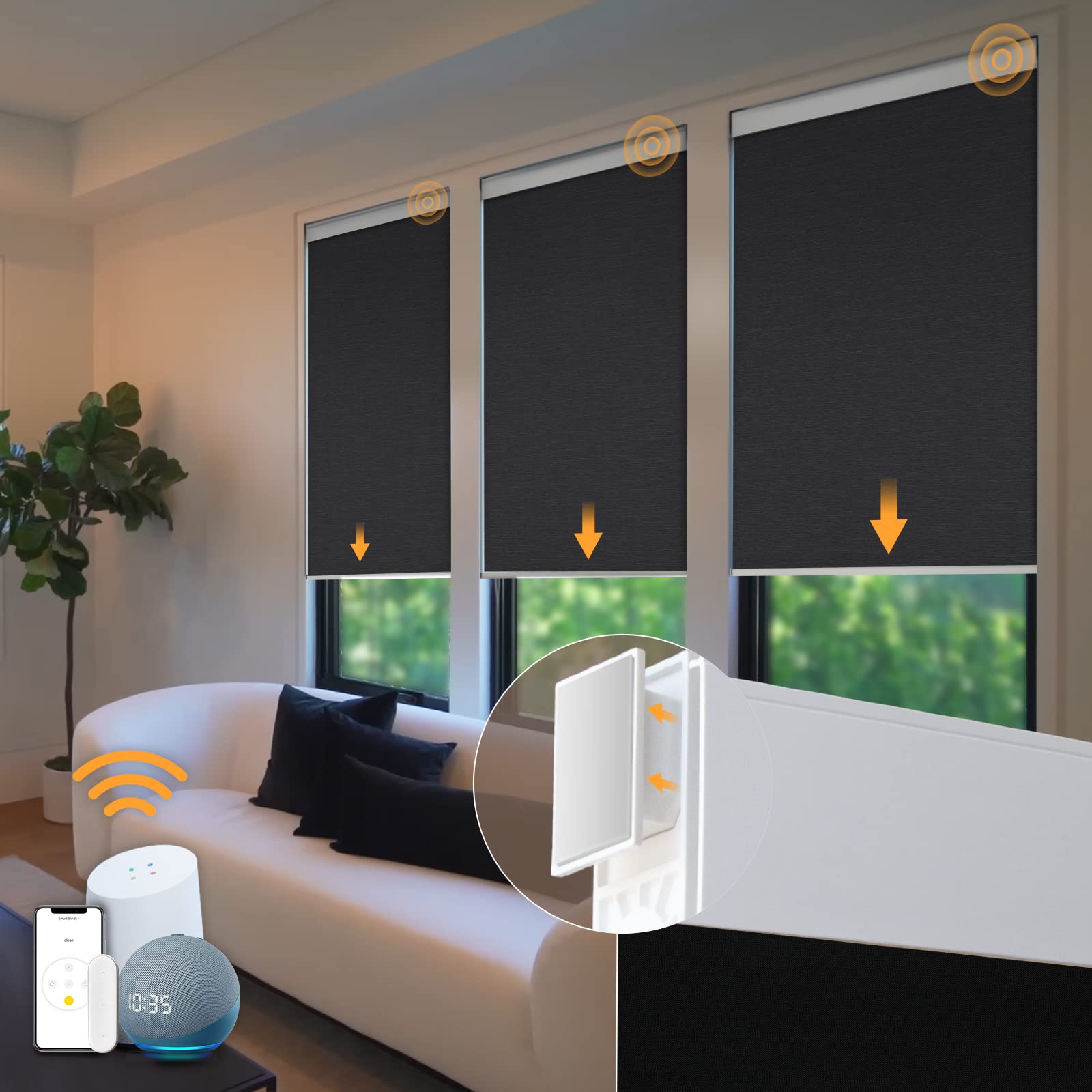 Smart Motorized Blinds - No Drill Cordless Roller Shades with Remote Control for Windows, Automatic Electric Blackout Shades (28