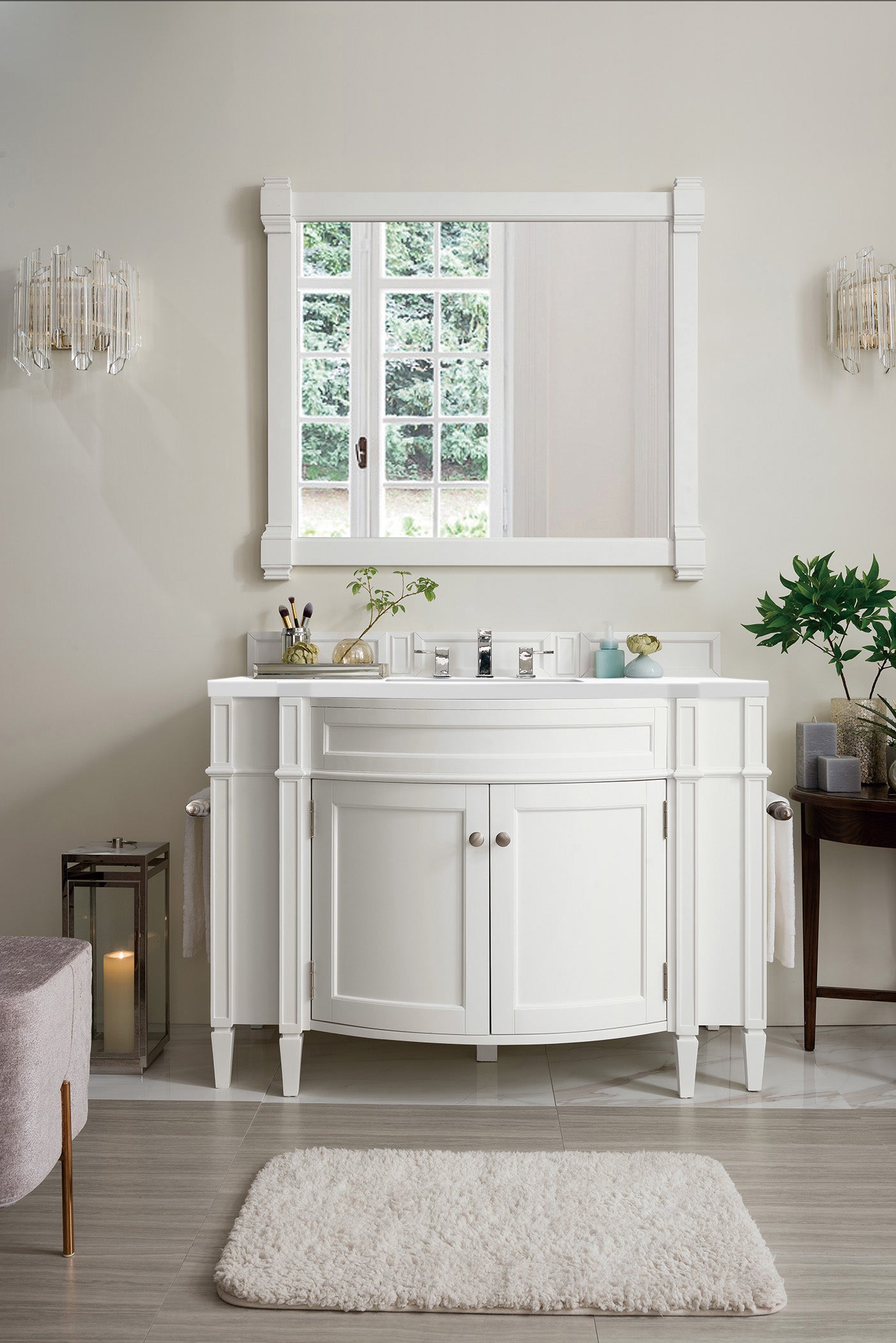 Brittany 46 Inch Single Bathroom Vanity Set with White Zeus Quartz Countertop - Modern Bright White Finish for Bathroom Remodel & Home Upgrade