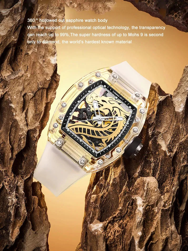 CRONUSART Men's Automatic Mechanical Watch - Tonneau Sapphire Crystal Case, Luminous Hands, Skeleton Dragon Dial, Liquid Silicone Strap - Perfect for Business, Casual & Formal Occasions