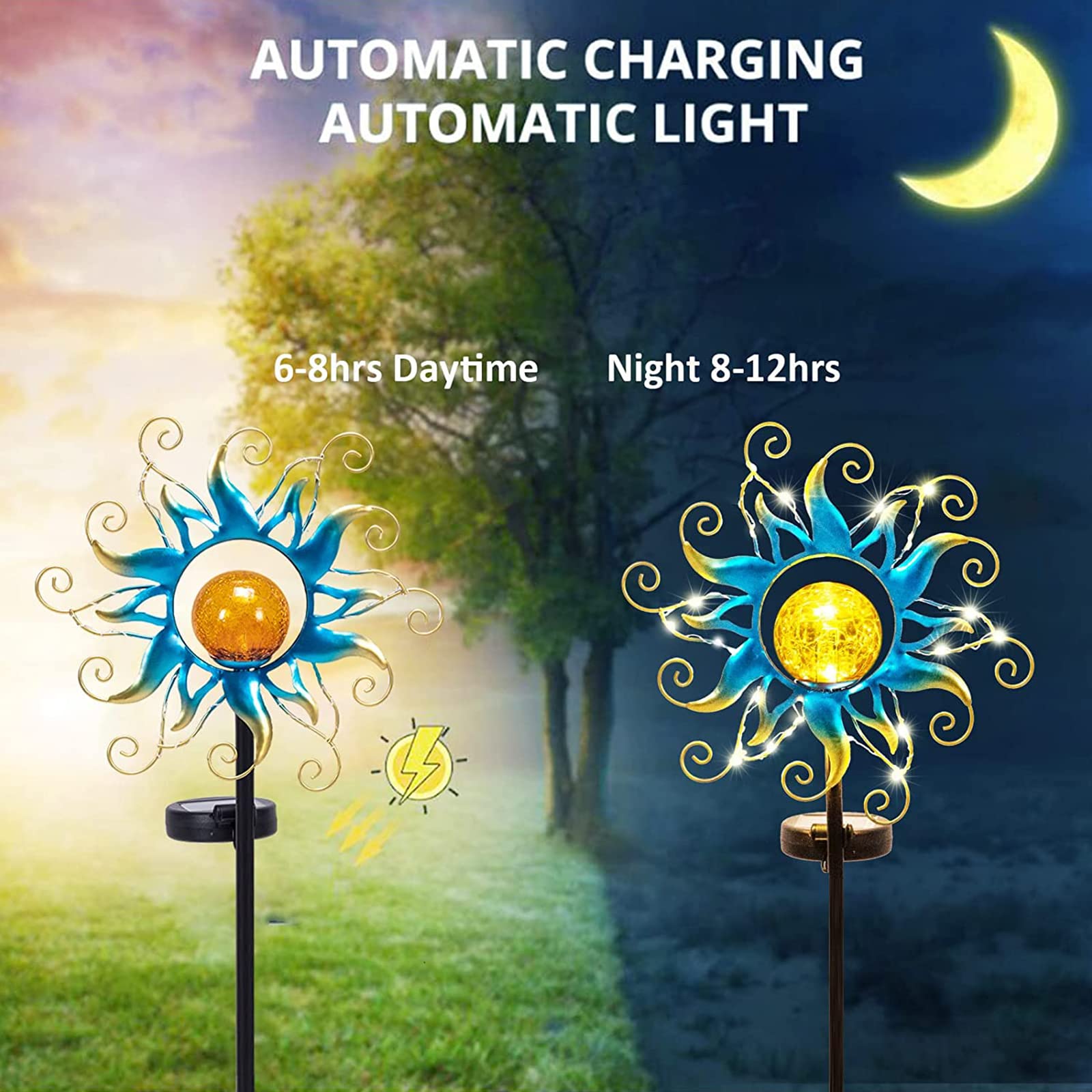 Solar Powered Outdoor Garden Lights - Blue Metal Sun Crackle Glass Globe Stake with 30 LED Waterproof Decor - Perfect for Patio, Lawn, Yard, Pathway & Backyard Lighting - Unique Gift Ideas for Women, Mom, Wife - Ideal for Evening Gatherings, Landscape Accent & Holiday Decorations