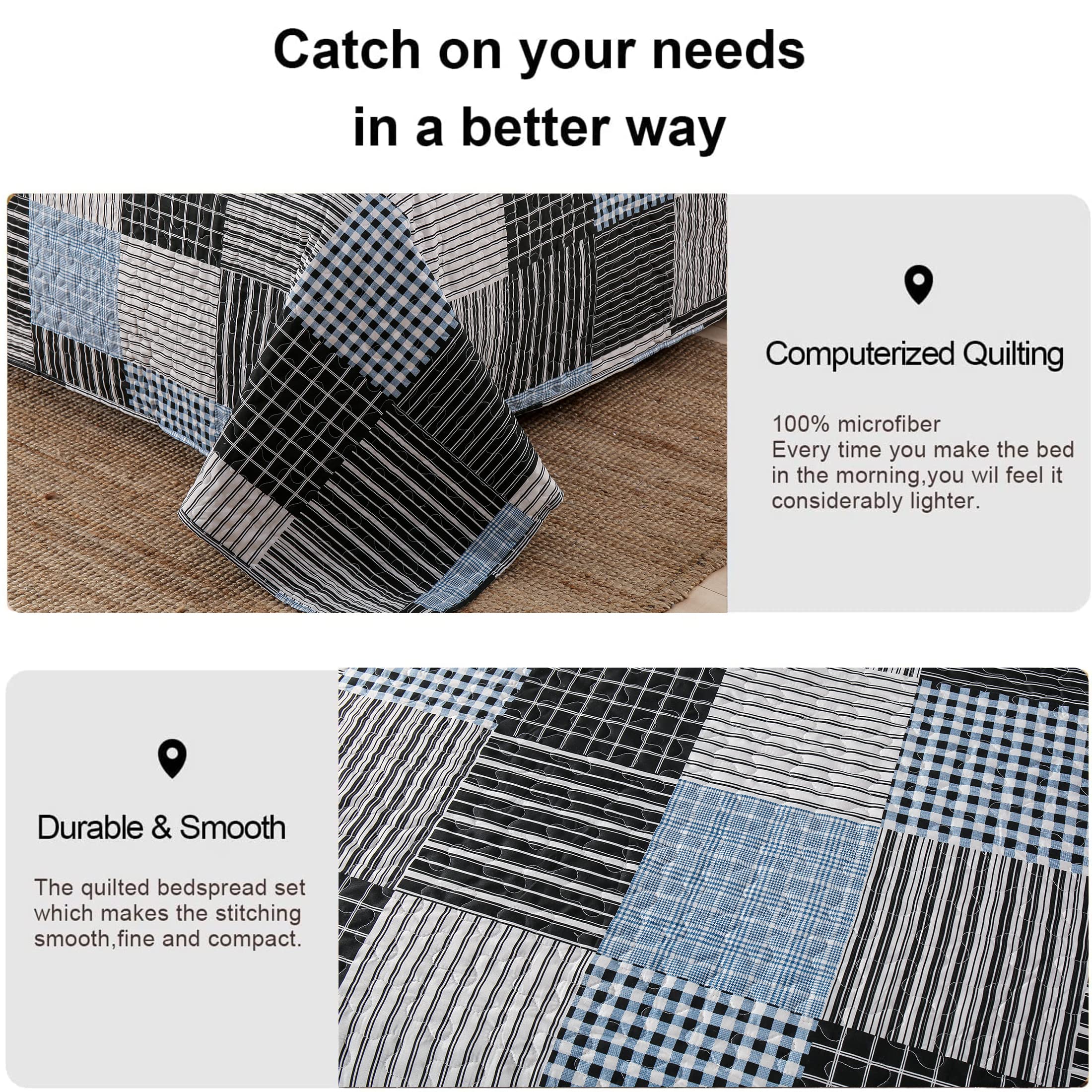 **King Size Reversible Quilt Set - Lightweight Plaid Patchwork Bedspread Coverlet for Men, Black & White Stripe Modern Home Collection | Cozy Bedroom Upgrade & Guest Room Decor**