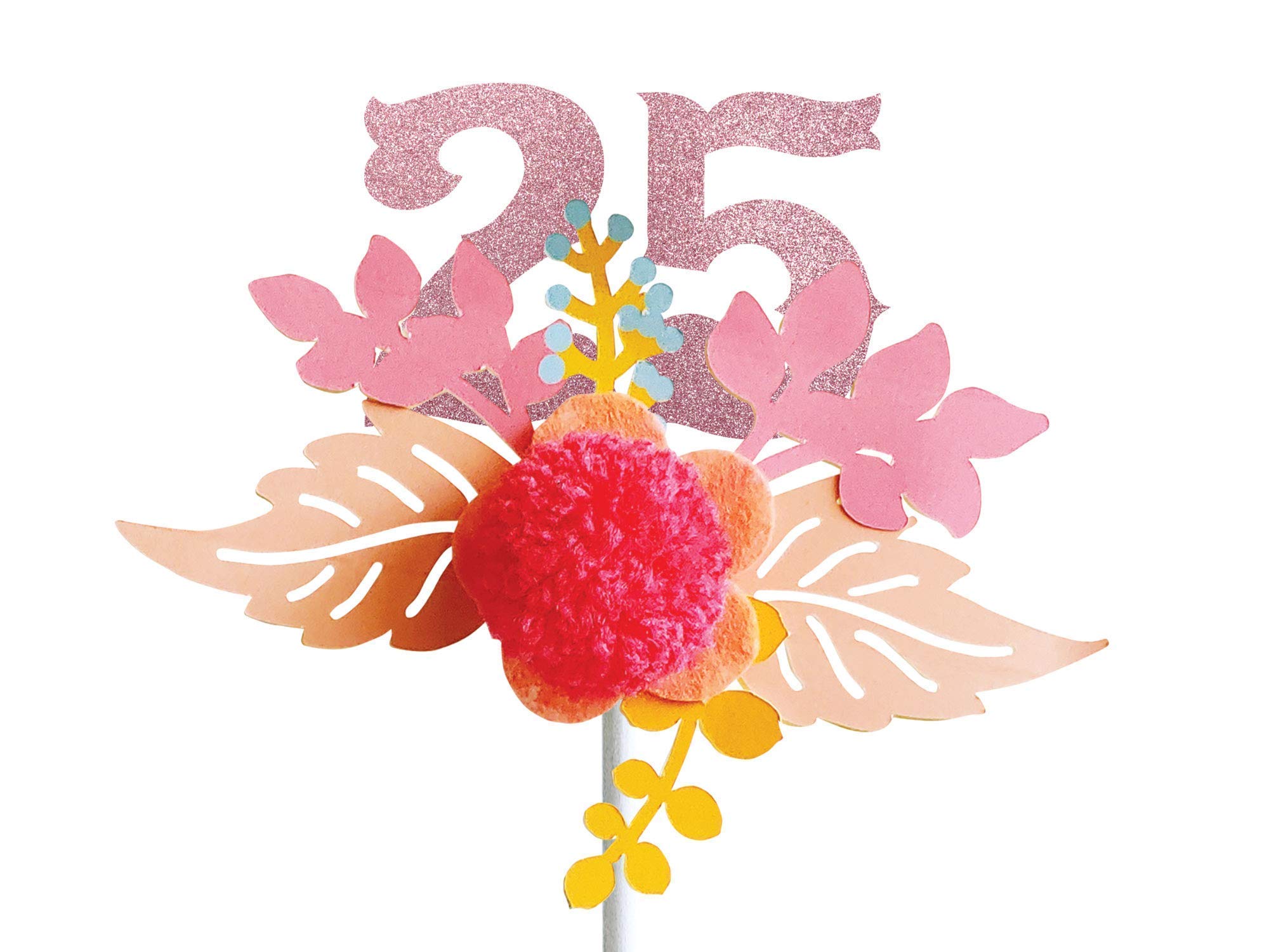 Custom Pink Glitter Bloom Pompom Flower Cake Topper with Number - Personalized Birthday Cake Decoration for Weddings, Baby Showers & Special Celebrations