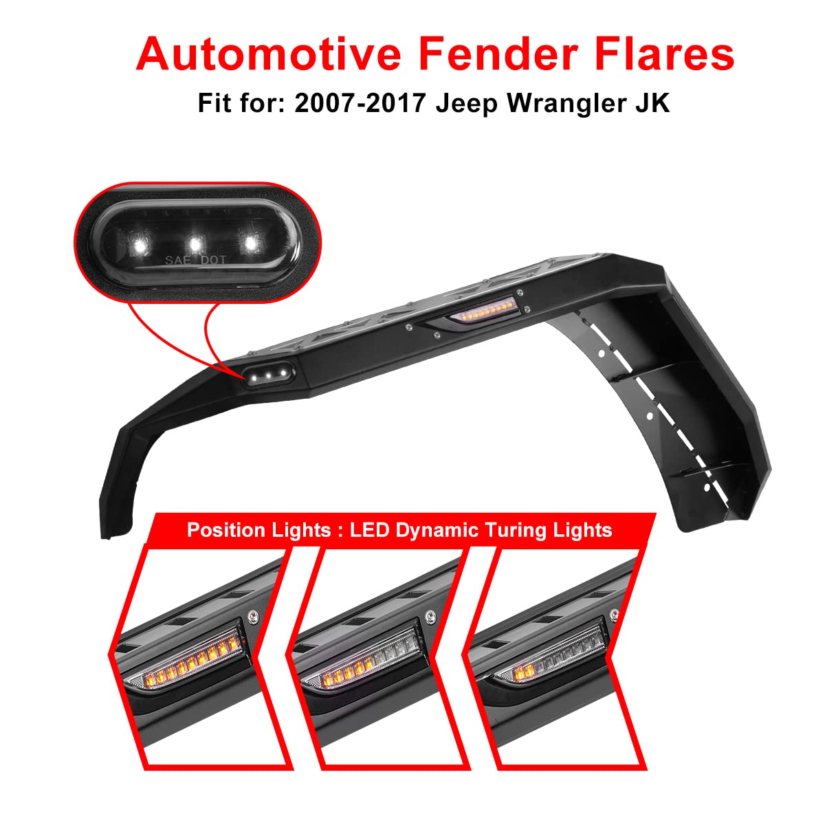 ROXX Front Fender Flares with LED Lights for 2007-2018 Jeep Wrangler JK - Durable Off-Road Protection & Stylish Upgrade for Jeep Enthusiasts | Perfect for Trail Riding & Urban Driving