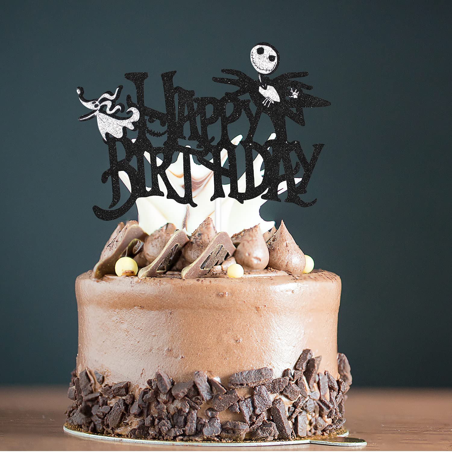 Halloween Nightmare Happy Birthday Cake Topper - Black Glitter Jack Skeleton Decor for Spooky Kids Birthday Cakes | Perfect for Halloween Parties, Themed Celebrations & Cake Decorating