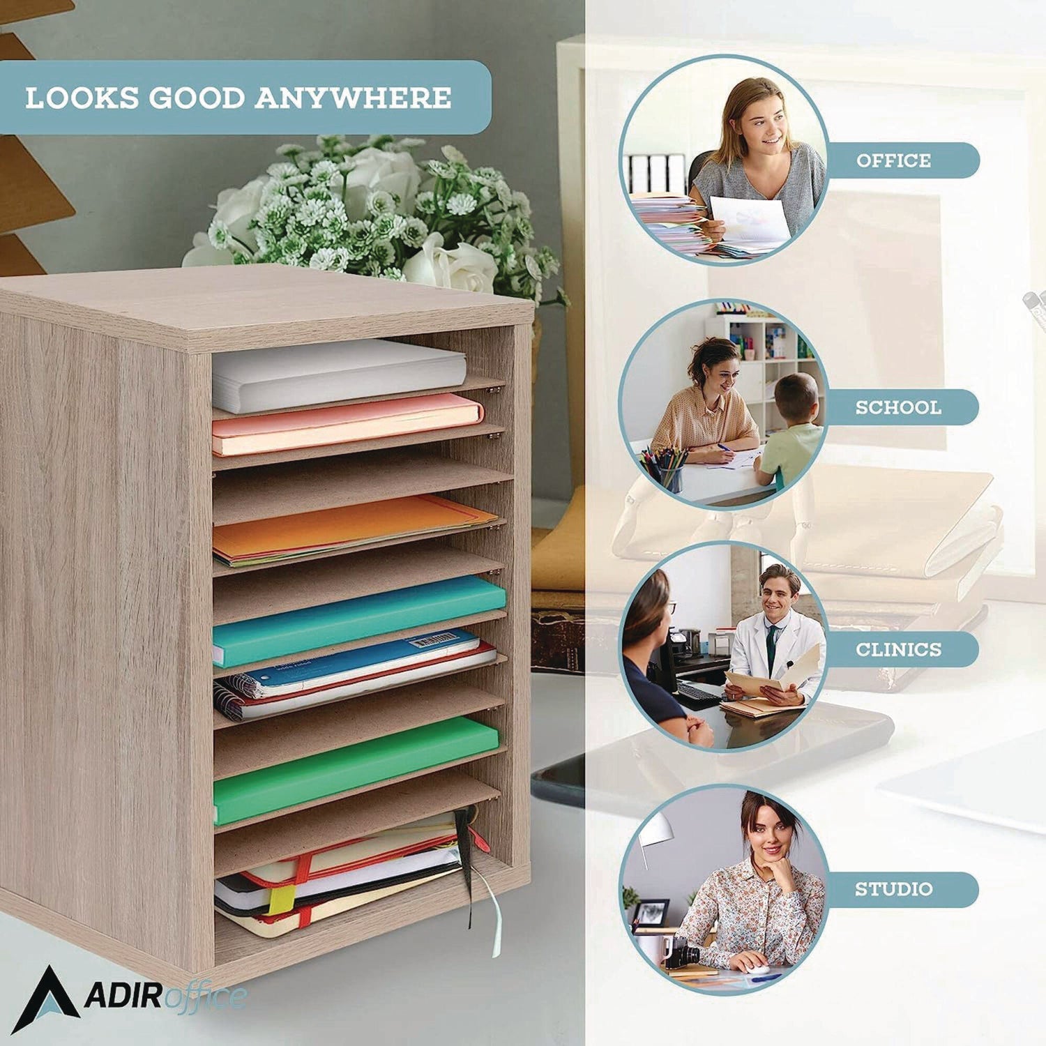 AdirOffice 11-Compartment Wooden Mail & Paper Sorter Organizer - Medium Oak - Letter Size (10.75