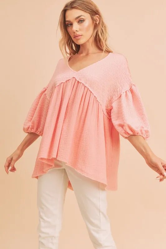 Aemi + Co Women's High Low Frayed Hem V Neck Blouse - Trendy Casual & Office Wear Top for Everyday Style