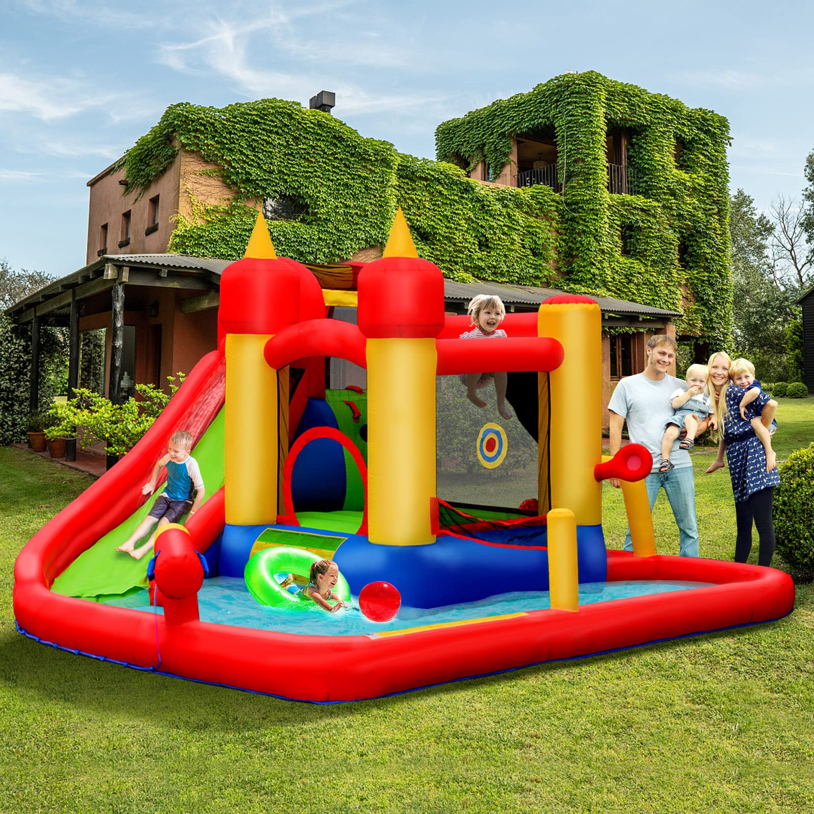 **HONEY JOY 7-in-1 Inflatable Water Slide & Bounce House for Kids & Adults – Giant Blow Up Water Park with Splash Pool – Outdoor Backyard Summer Fun (Blower Not Included) – Perfect for Birthday Parties, Family Gatherings, and Summer Water Play**