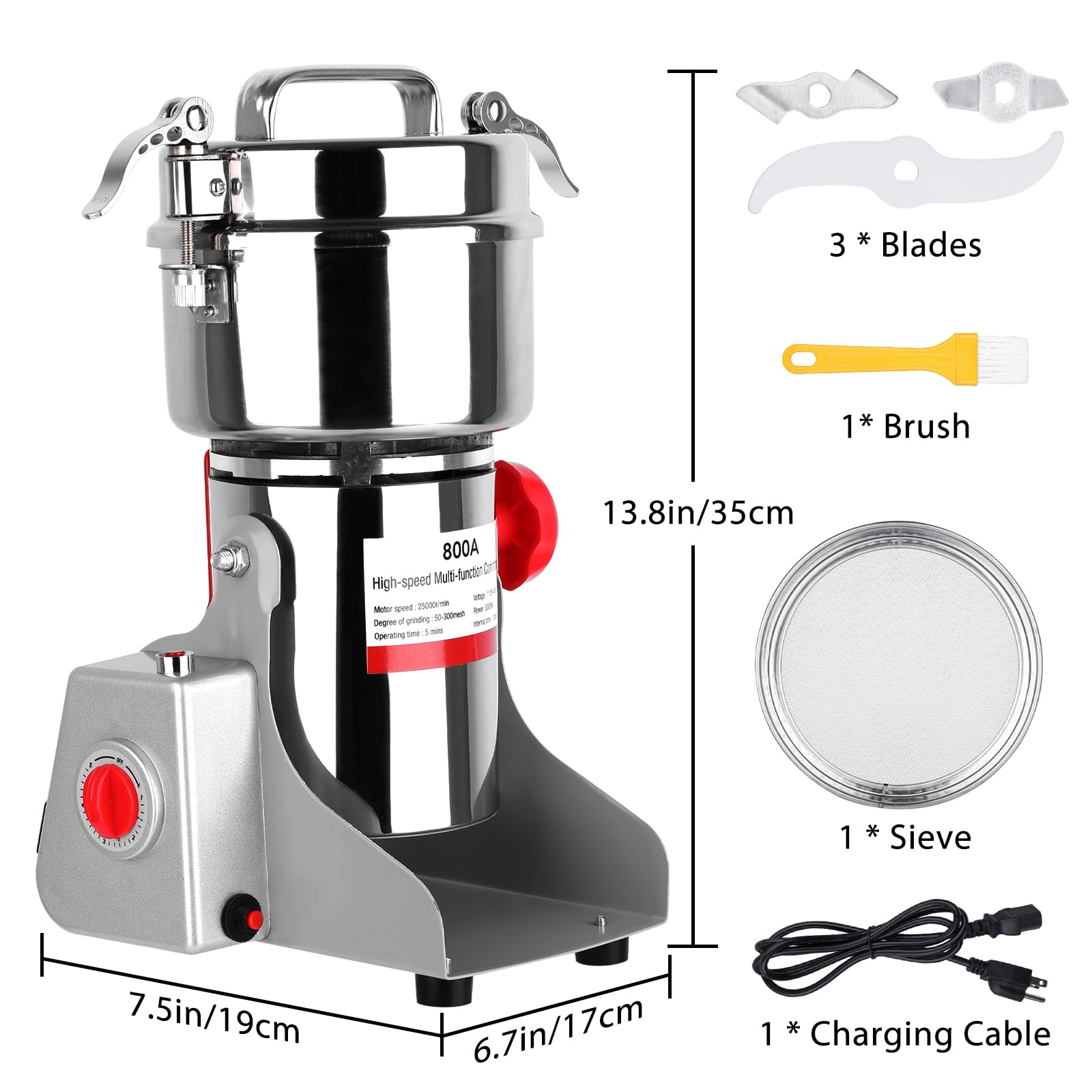 800W Electric Grain Mill Grinder - 800g Stainless Steel Commercial Spice & Herb Grinder - High-Speed 2400W Pulverizer for Coffee, Corn, Pepper, Dry Grains - Perfect for Home Kitchens, Bakeries & Coffee Shops