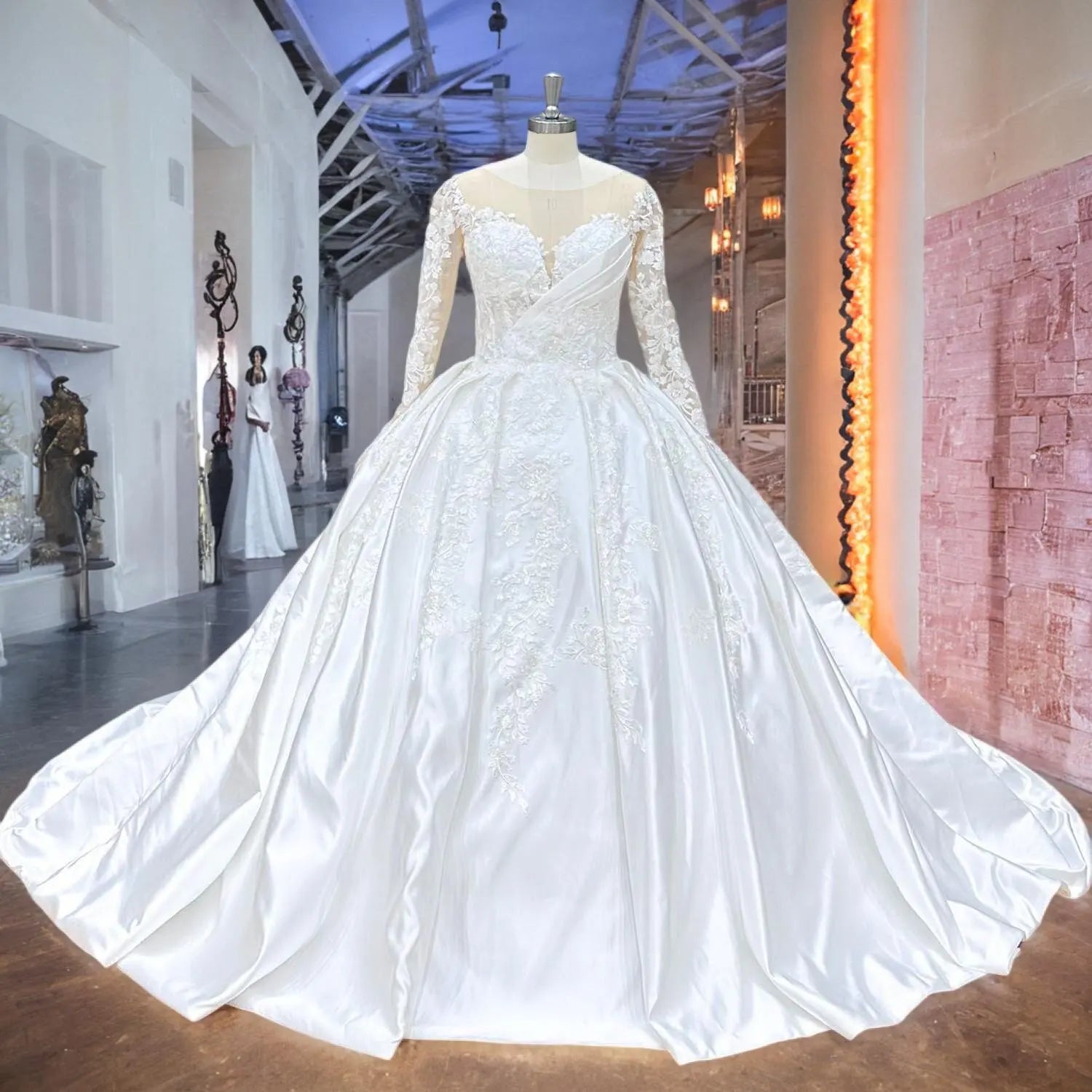 Elegant Long Sleeve Satin Ball Gown Wedding Dress with Full Beaded Lace & Soft Light Effect - Perfect for Bridal, Prom, Evening Gala & Formal Events