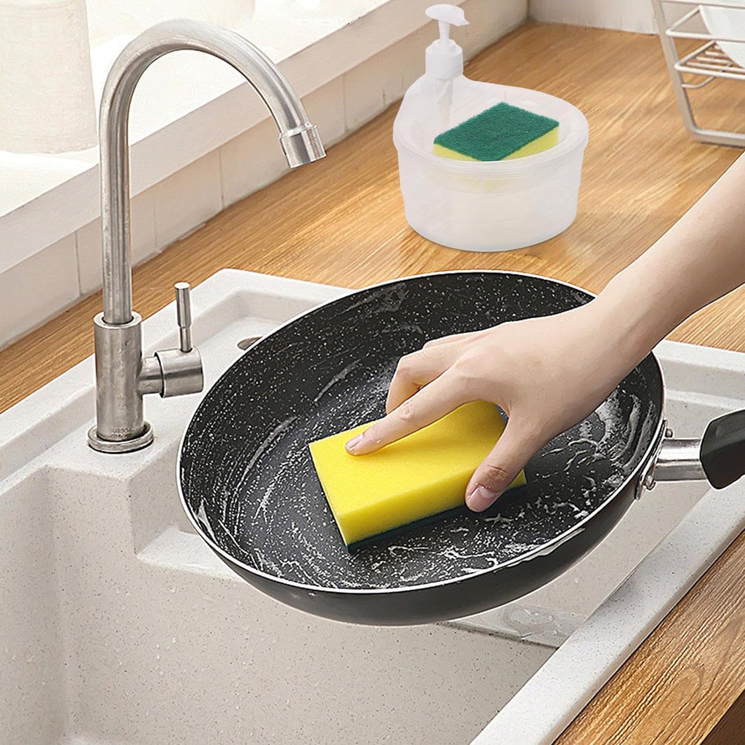 Divinezon Double Layer Soap Dispenser with Pump and Sponge Holder | 15x16x17cm | Multi-Color | Perfect for Kitchen, Bathroom, and Laundry Room Organization