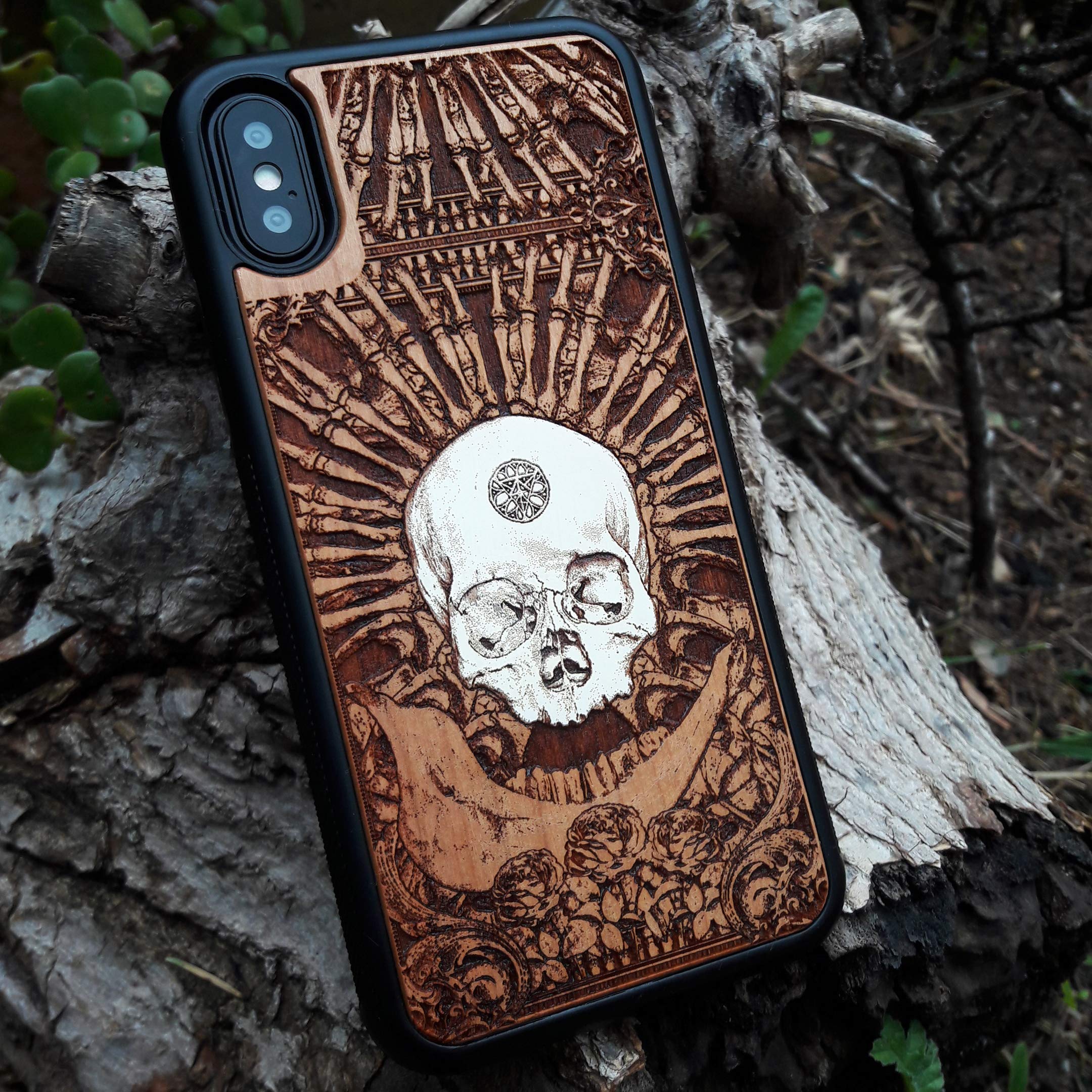 Hand-Painted Human Skull & Bones Laser Engraved Wooden Phone Case for iPhone 16/15/14/13/12/11 Pro Max/Mini & Galaxy S25/S24/S23/S22/S21/S20 Ultra Plus - Eco-Friendly Slim Durable Wood Cover - Perfect for Gothic Style, Halloween, Rock Music Fans & Unique Gift Giving