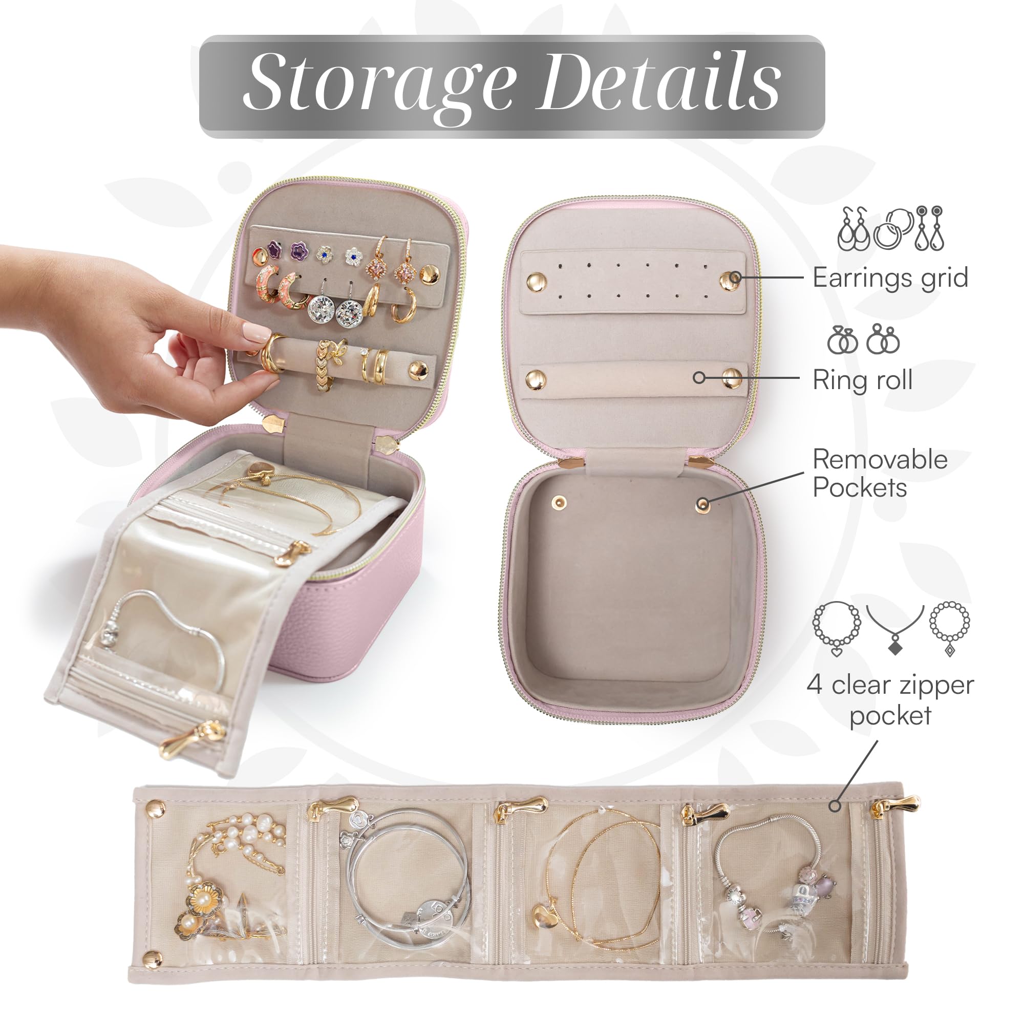 Leather Travel Jewelry Organizer Case for Women - Anti Tangle Jewelry Storage Box with Soft Pink Interior - Portable Jewelry Box for Necklaces, Rings & Earrings - Perfect for Vacations, Business Trips & Daily Use