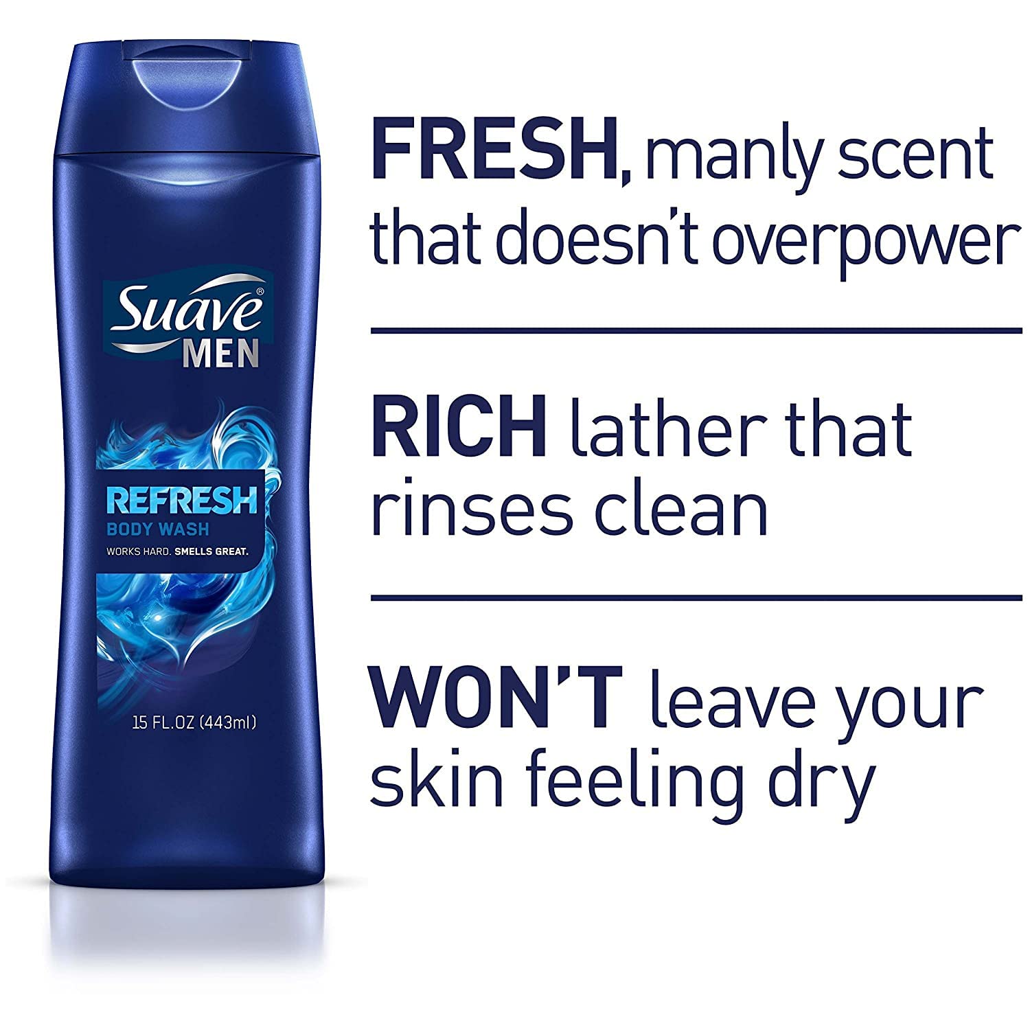 Suave Men Body Wash for Men - Refreshing 12 Fl Oz (Pack of 6) | Hydrating Shower Gel with Invigorating Scent | Perfect for Gym, Workout & Daily Shower Routine