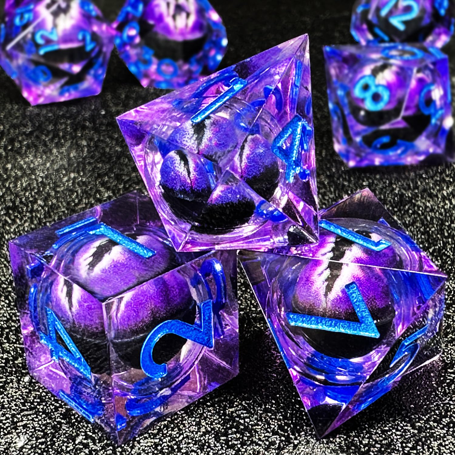 HAOMEJA 7-Piece Resin Dragon Eye DND Dice Set - Sharp Edge Polyhedral RPG Dice for Dungeons & Dragons (D20, D12, D10, D100, D8, D6, D4) with Storage Bag - Perfect for Tabletop Gaming, D&D Campaigns & Fantasy Roleplaying (Purple & Eye Purple)