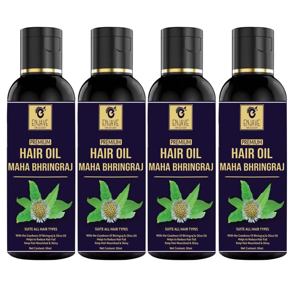 Enjave Maha Bhringraj Herbal Hair Oil - 100% Pure Adivasi Ayurvedic Hair Growth Treatment with Onion Extract, 50ml (Pack of 4) | Natural Remedy for Hair Fall, Dandruff & Scalp Care | Perfect for Daily Hair Massage & Ayurvedic Hair Care Routine