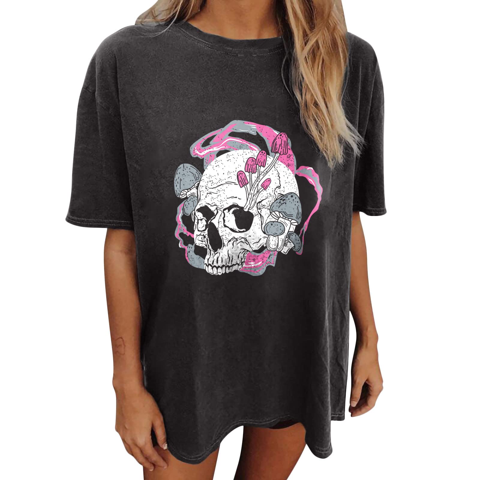 FAVIPT Women's Vintage Skull Print Short Sleeve T-Shirt - Skeleton Graphic Crewneck Tee for Summer Fashion | Casual Wear, Street Style, Festival Outfit, Halloween Costume