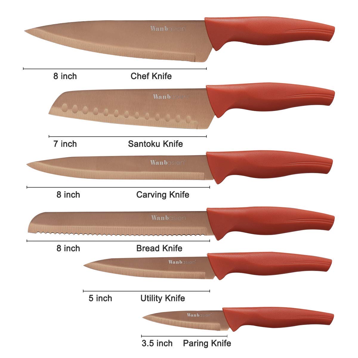 Wanbasion Professional Orange Chef Knife Set - 6-Piece Stainless Steel Kitchen Knives with Blade Covers | Dishwasher Safe | Ideal for Home Cooking, Restaurant Use & Culinary Gifts