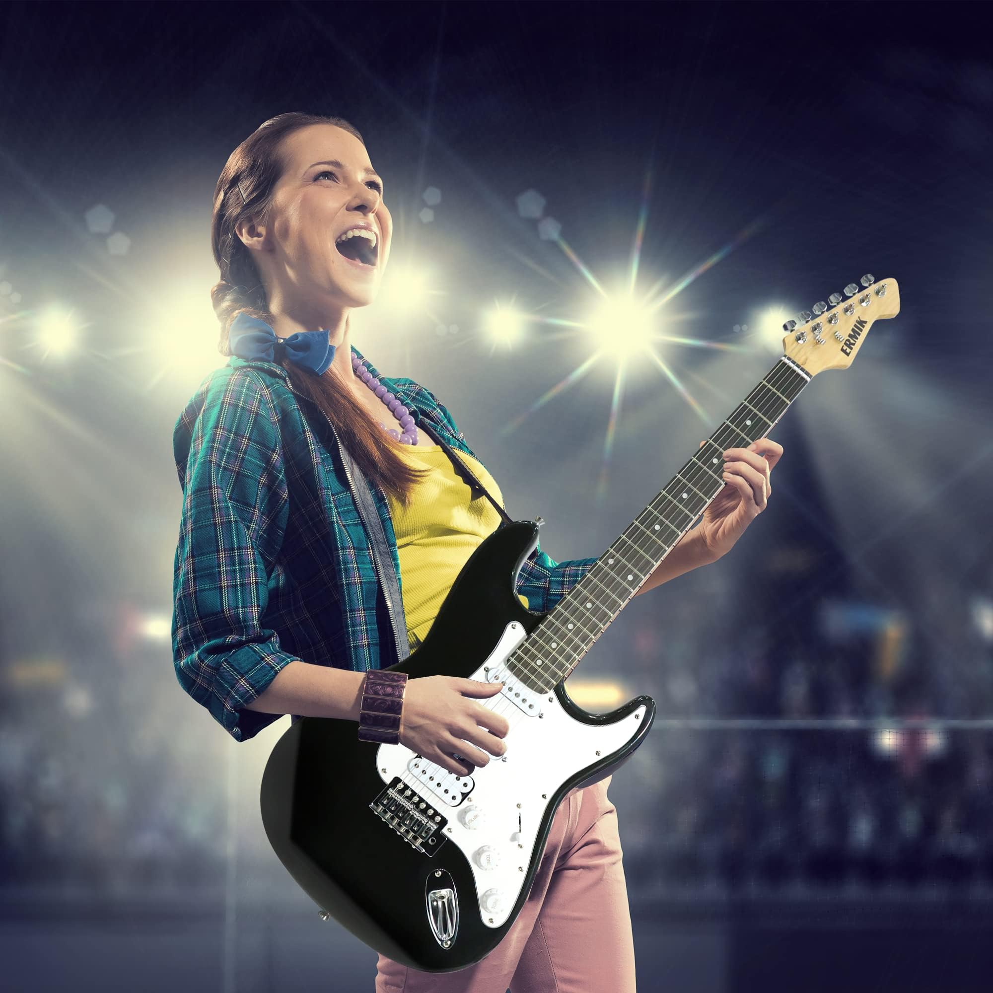 **Ermik Solid Body Electric Guitar Kit with 20W Amp, HSS Pickups, Strings, Strap, Digital Tuner, Picks, Gig Bag, Cable & Tremolo Bar – 39
