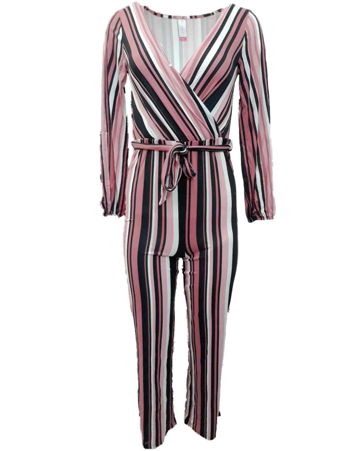 Junior Women's Mauve Rose Pink Black Vertical Striped Jumpsuit Romper - Stylish Casual Outfit for Summer, Beach, and Party Wear