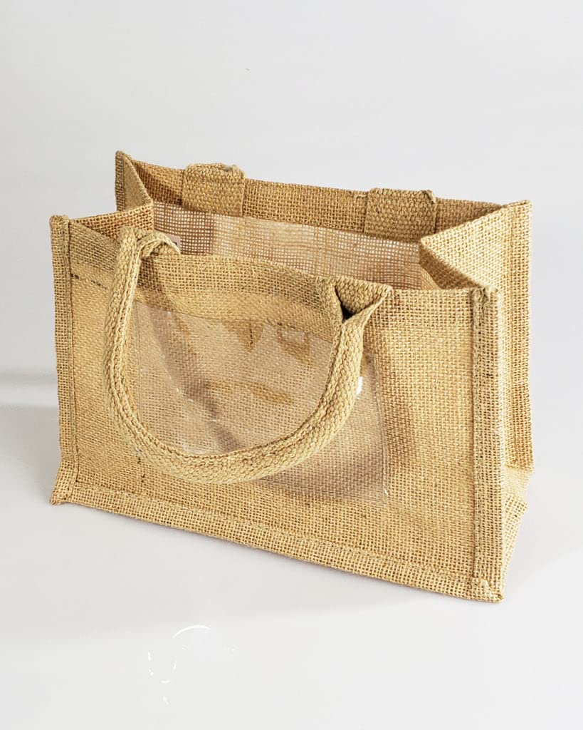 TBF Natural Jute Burlap Wedding Favor Bags with Clear Front Pocket - Rustic Small Gift Bags for Wedding Welcome, Party Favors, Baby Shower Gifts & Holiday Treats