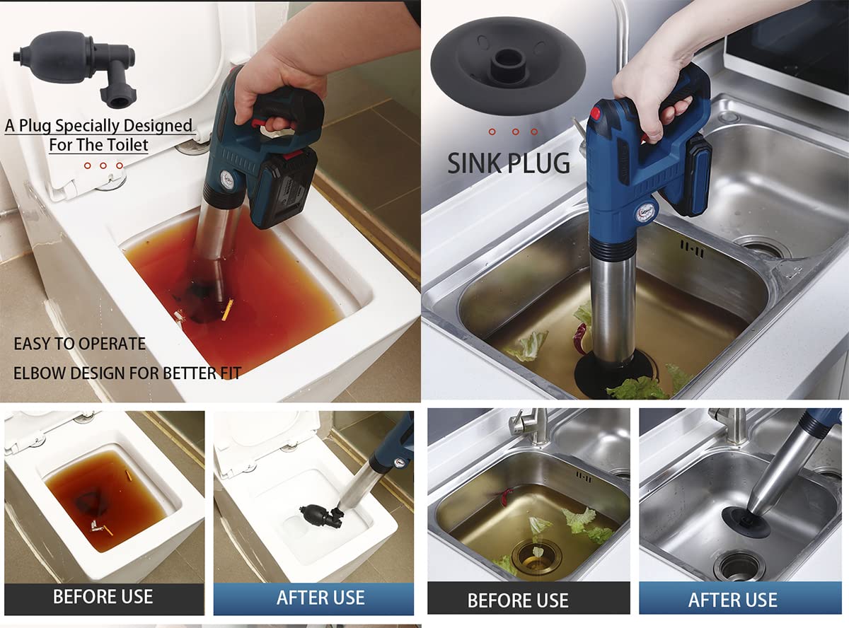 Electric High Pressure Toilet Plunger - Powerful Bathroom & Kitchen Drain Cleaner for Clogged Sinks, Showers & Floor Drains | Quick Unclogging Tool with Air Pressure Technology (Blue) - Ideal for Home, Apartment & RV Plumbing Maintenance