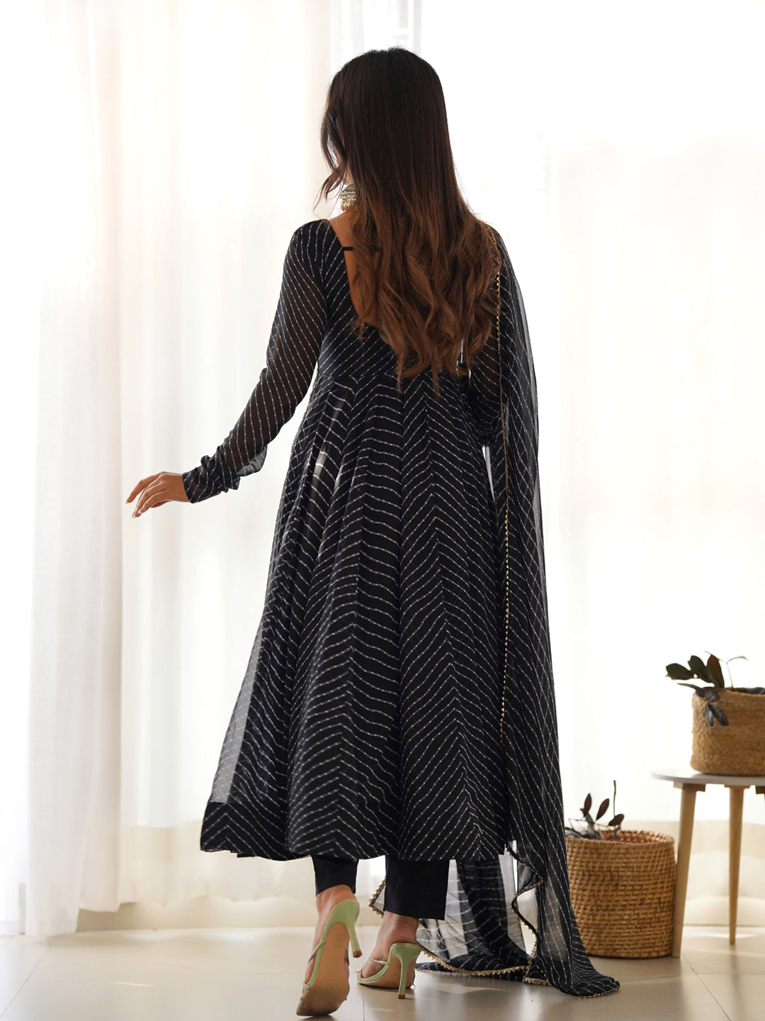 Elegant Black Heavy Faux Georgette Leheriya Print Anarkali Dress with Micro Cotton Lining - Perfect for Weddings, Parties & Festive Occasions