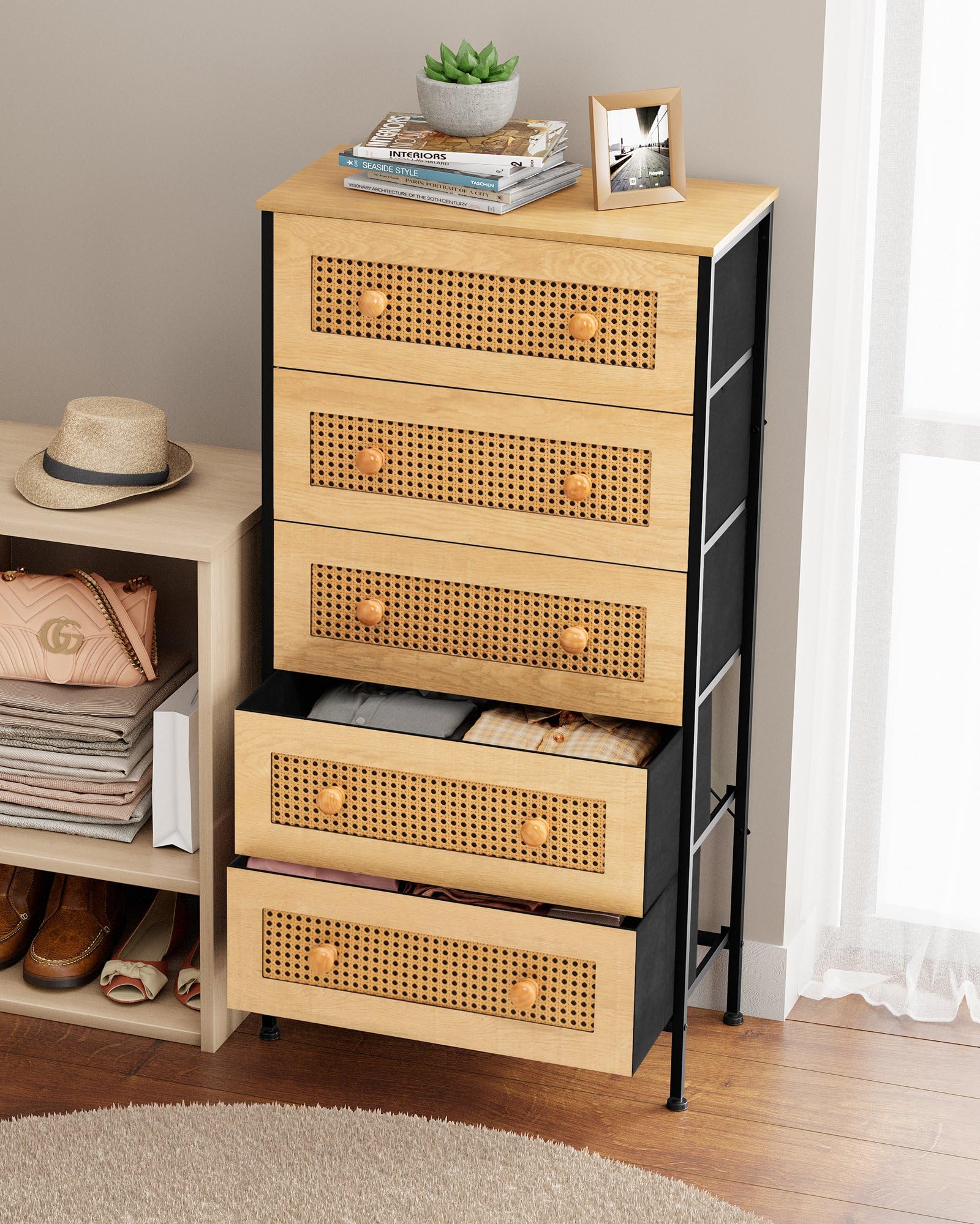 Crestlive 5-Drawer Rattan Dresser Storage Tower with Wood Top - Tall Fabric Dresser Organizer for Bedroom, Hallway, Entryway & Closet - Natural Woven Chest of Drawers | Perfect for Small Space Organization & Home Decor