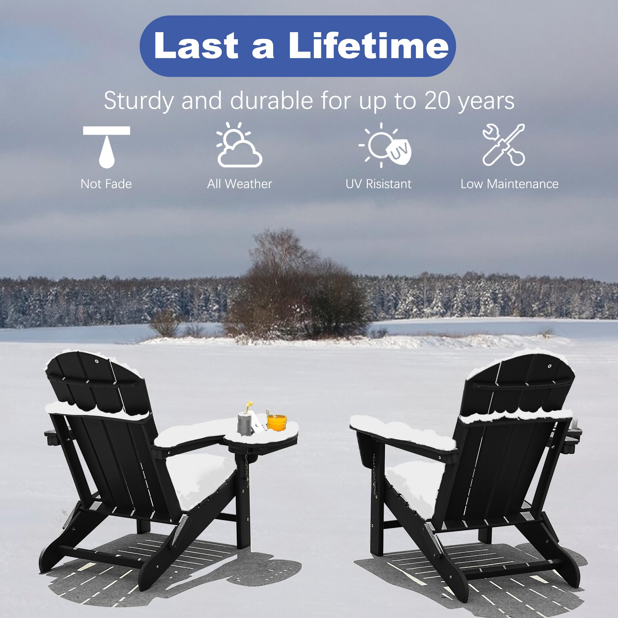 FOOWIN 4-Piece HDPE Folding Adirondack Chair Set - All-Weather Resistant Outdoor Furniture with 4-in-1 Cup Holder Trays - Perfect for Patio, Garden, Backyard, Deck & Fire Pit Gatherings (Black)