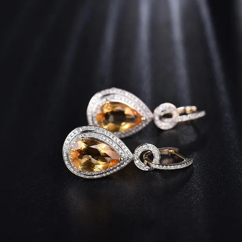 14Kt Yellow Gold Natural Pear Citrine Drop Earrings for Women - 10x14mm Yellow Citrine with Diamonds, Fine Jewelry, OL Style - Perfect for Parties, Weddings & Everyday Elegance