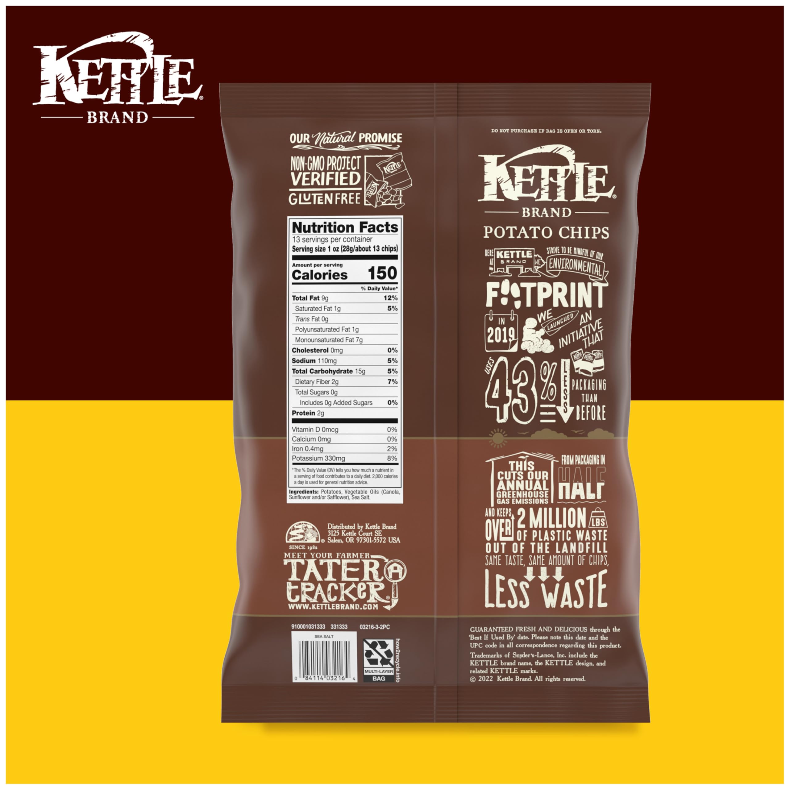 Kettle Brand Sea Salt Potato Chips 13oz - Crunchy Gluten-Free Snacks for Parties, Picnics & Movie Nights