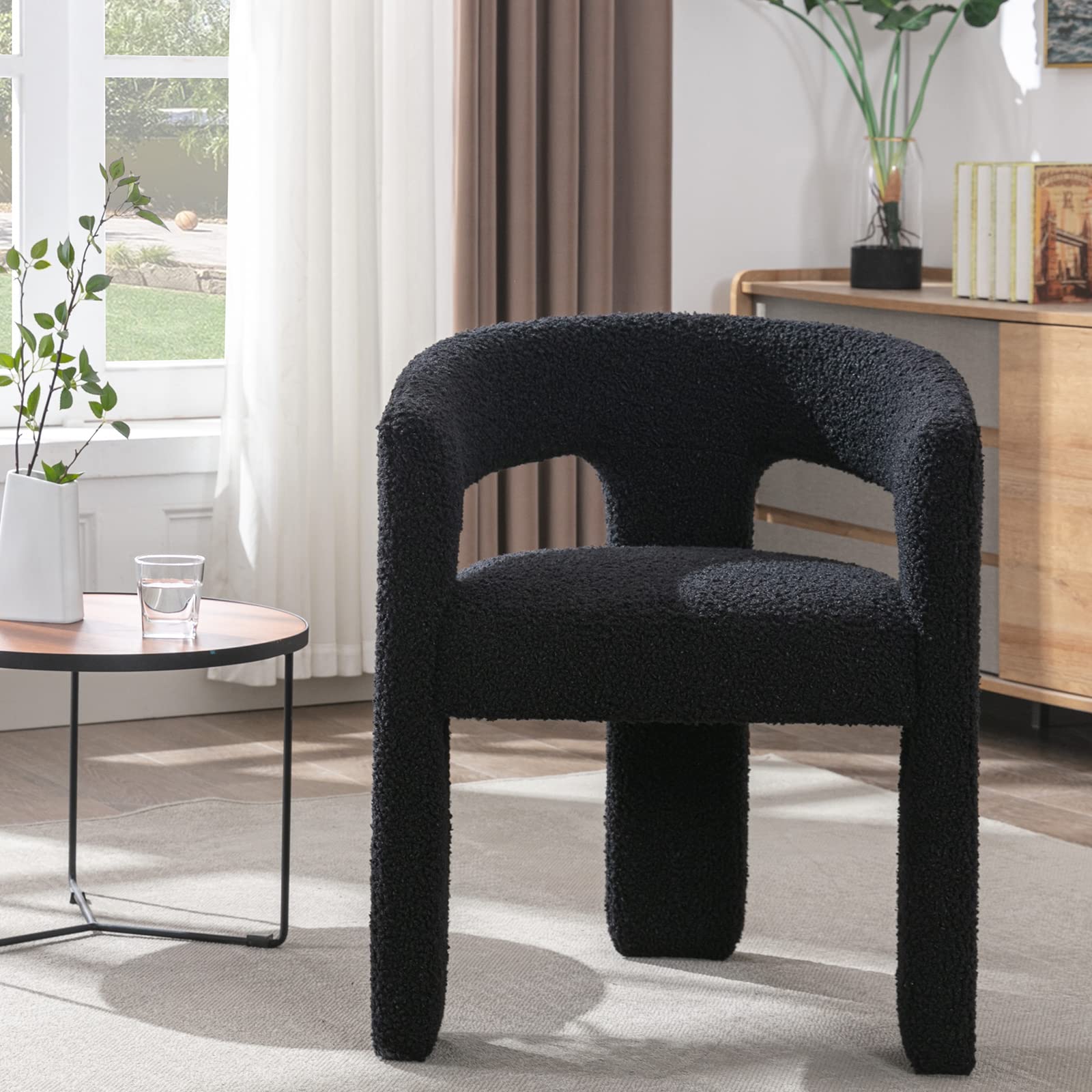 Modern Sherpa Barrel Dining Chair - Upholstered Faux Fur Armchair with Comfortable Cushion - Accent Side Chair for Kitchen, Living Room, Reception Area - Perfect for Cozy Dining & Relaxing - Black