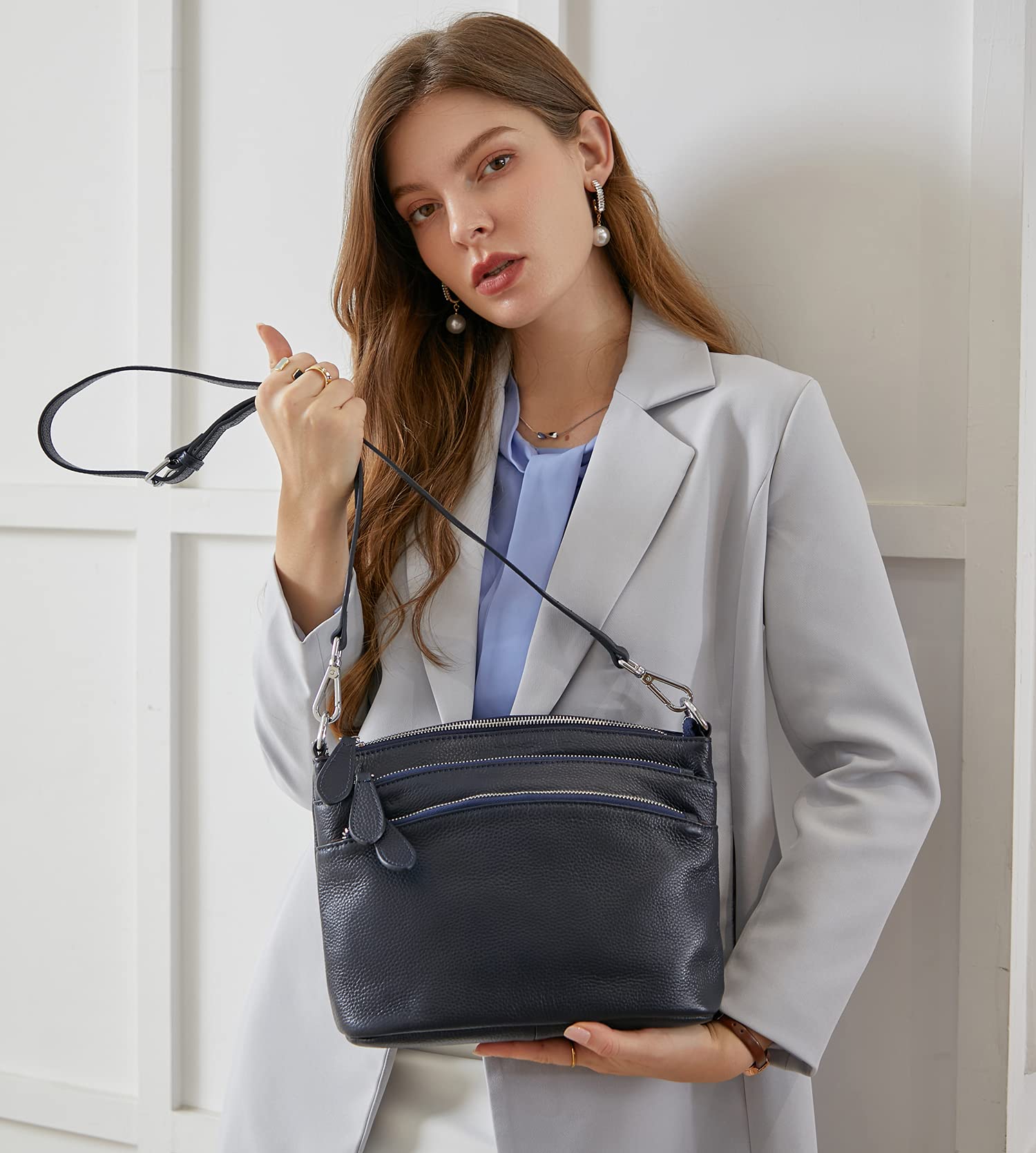 HESHE Women's Leather Crossbody Bag - Small Functional Multi-Pocket Shoulder Purse & Handbag for Everyday Use, Travel, and Work