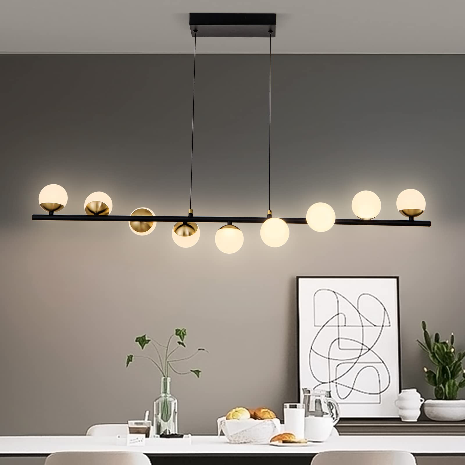 Modern Globe Pendant Lighting - 9-Light LED Dimmable Black & Gold Linear Chandelier for Dining Room, Kitchen, Living Room | Mid-Century Style Hanging Light Fixture | Perfect for Home Decor, Restaurant Lighting, and Office Spaces