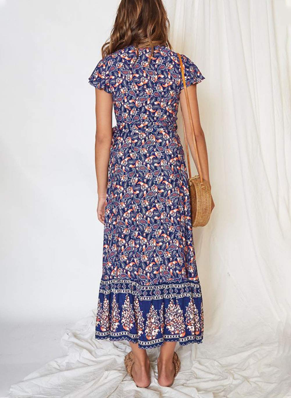 ZESICA Women's 2025 Bohemian Floral Print Wrap V-Neck Short Sleeve Maxi Dress with Side Slit for Beach Party, Summer Vacation & Casual Outings