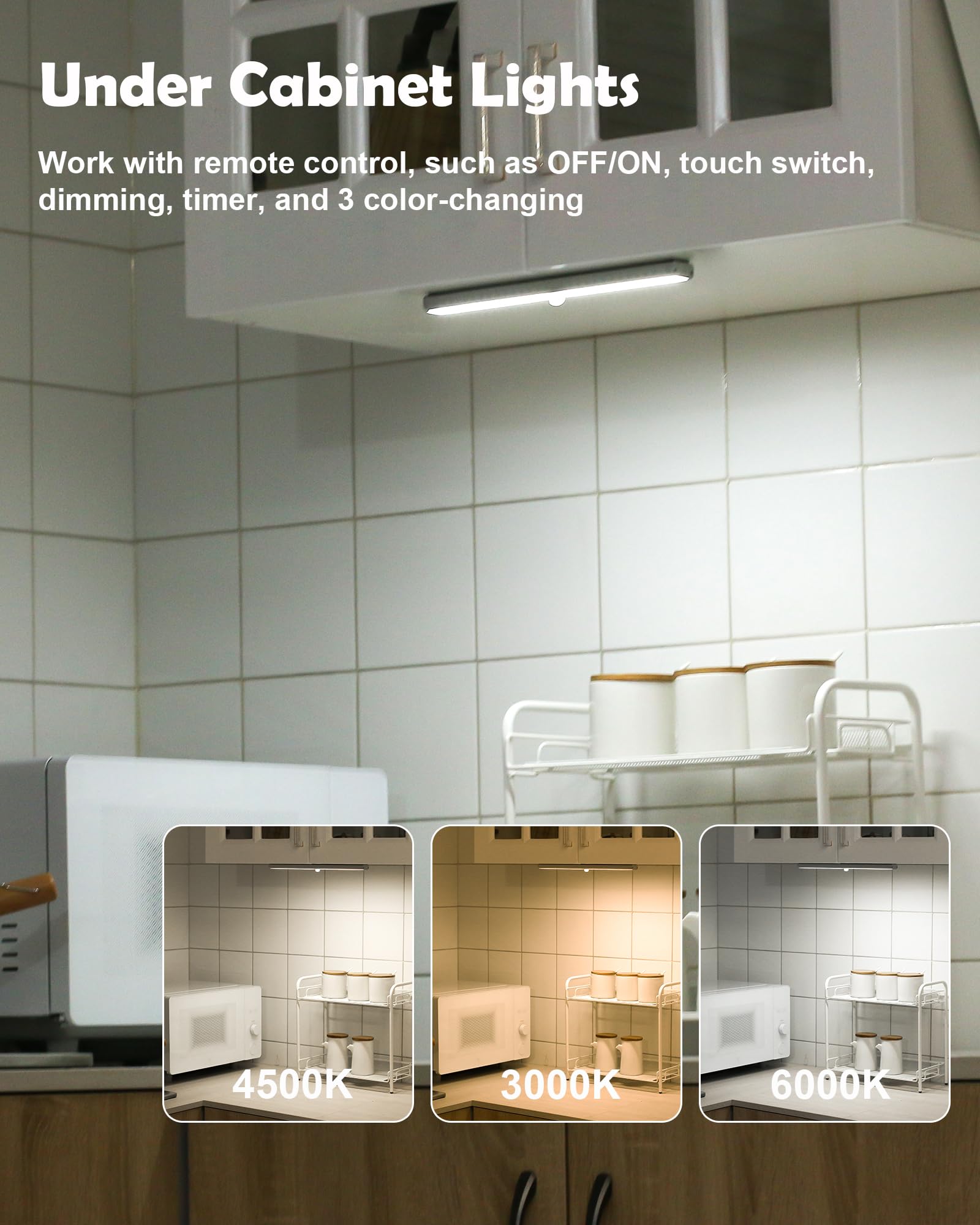 Rechargeable 20-LED Under Cabinet Lighting with Remote - 3 Color Adjustable Kitchen Counter Lights & Closet Light Bar | Perfect for Kitchen Workspaces, Pantry Shelves, and Wardrobe Lighting