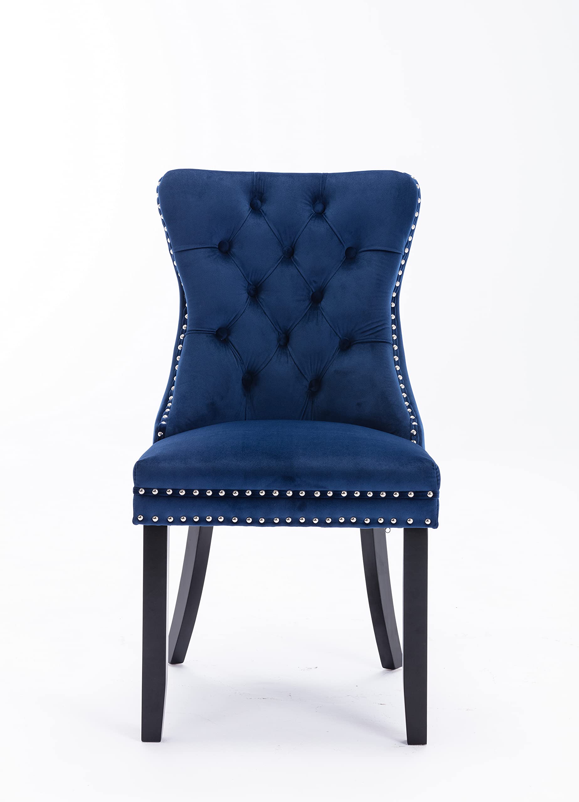 Modern Stylish Tufted Dining Chairs - Soft Velvet Upholstered with Wood Legs & Nailed Trim, Set of 2 (Blue) - Perfect for Dining Room, Kitchen, Breakfast Nook & Home Decor