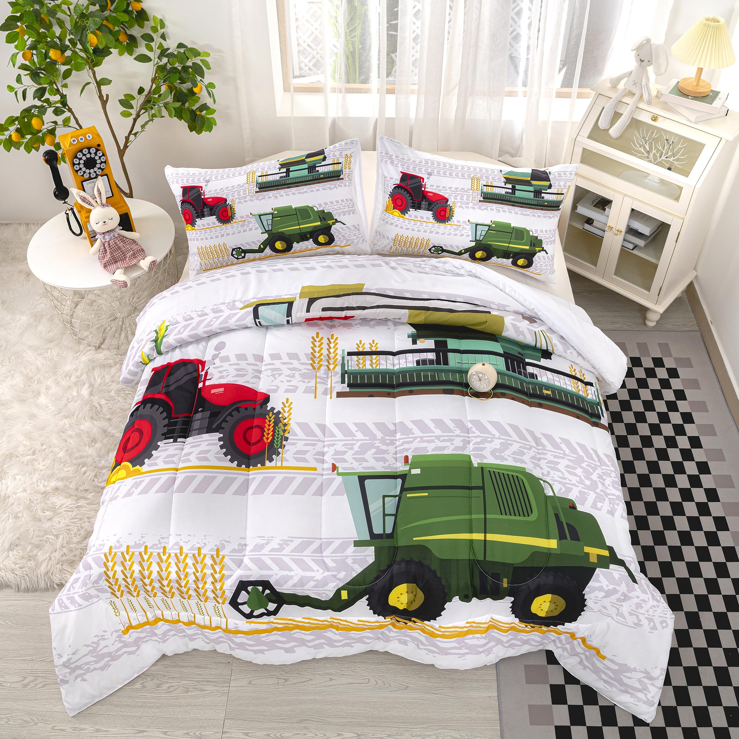 CVHOUSE Boys Tractor Bedding Set - Excavator, Trucks & Cars Themed Comforter with 2 Pillowcases - 3-Piece Kids Bed Set for Farm & Construction Lovers - Perfect for Toddler Rooms, Birthday Gifts & Nursery Decor