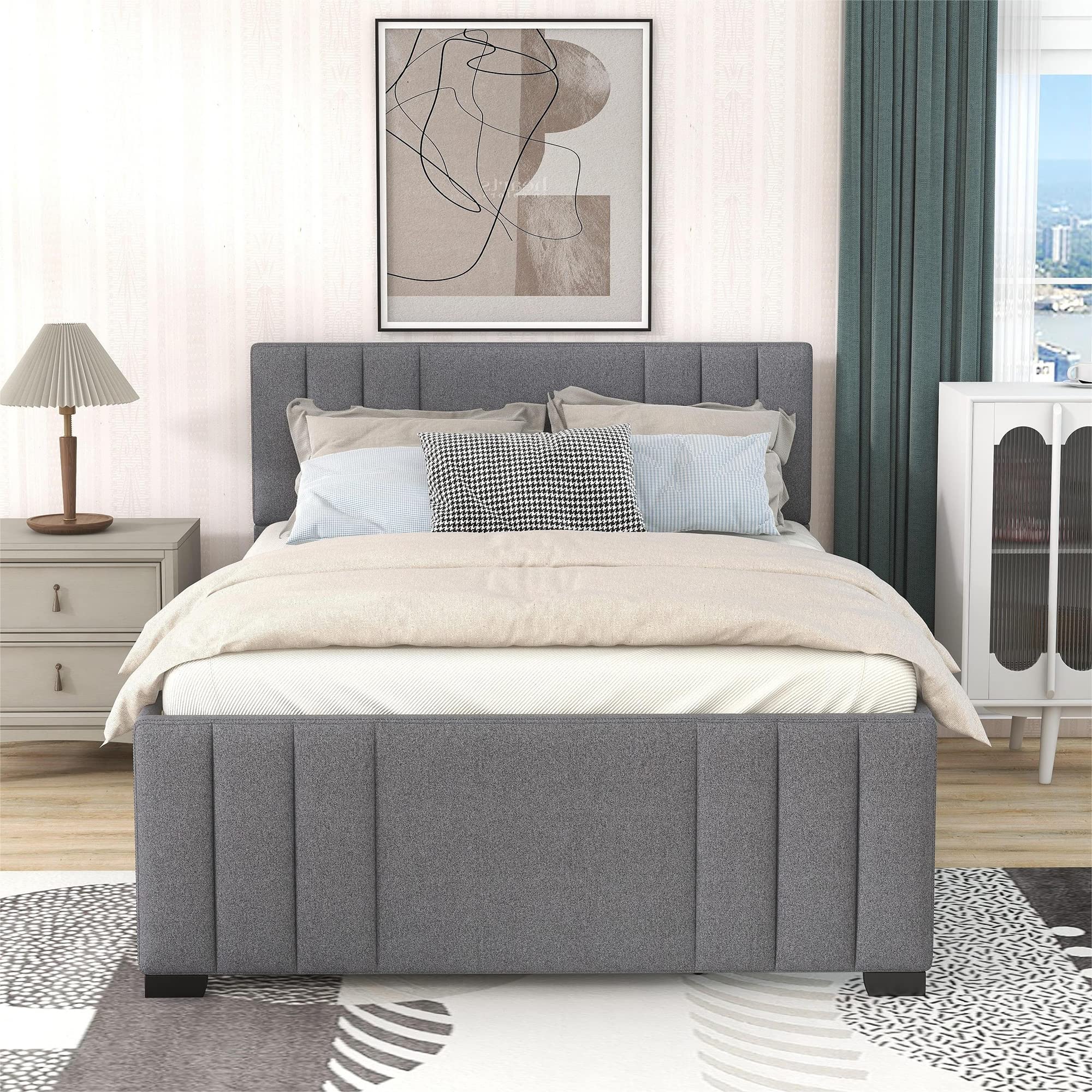 Merax Full Upholstered Platform Bed Frame with Storage Trundle & Headboard - No Box Spring Required, Grey - Perfect for Small Bedrooms, Guest Rooms & Space-Saving Solutions