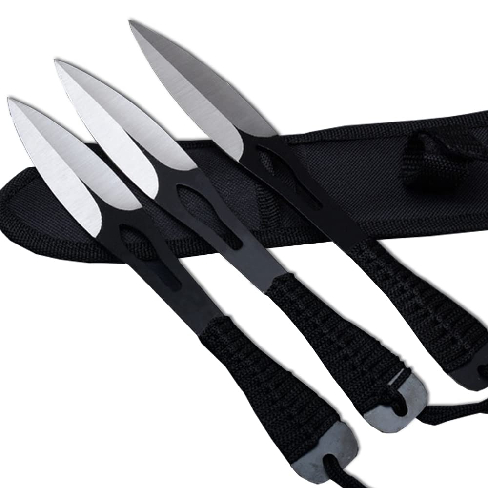 3PC Stainless Steel Tactical Throwing Knives Set - Fixed Blade Survival Knife with Nylon Sheath (Black/Silver) | Outdoor Camping, Hunting & Survival Gear