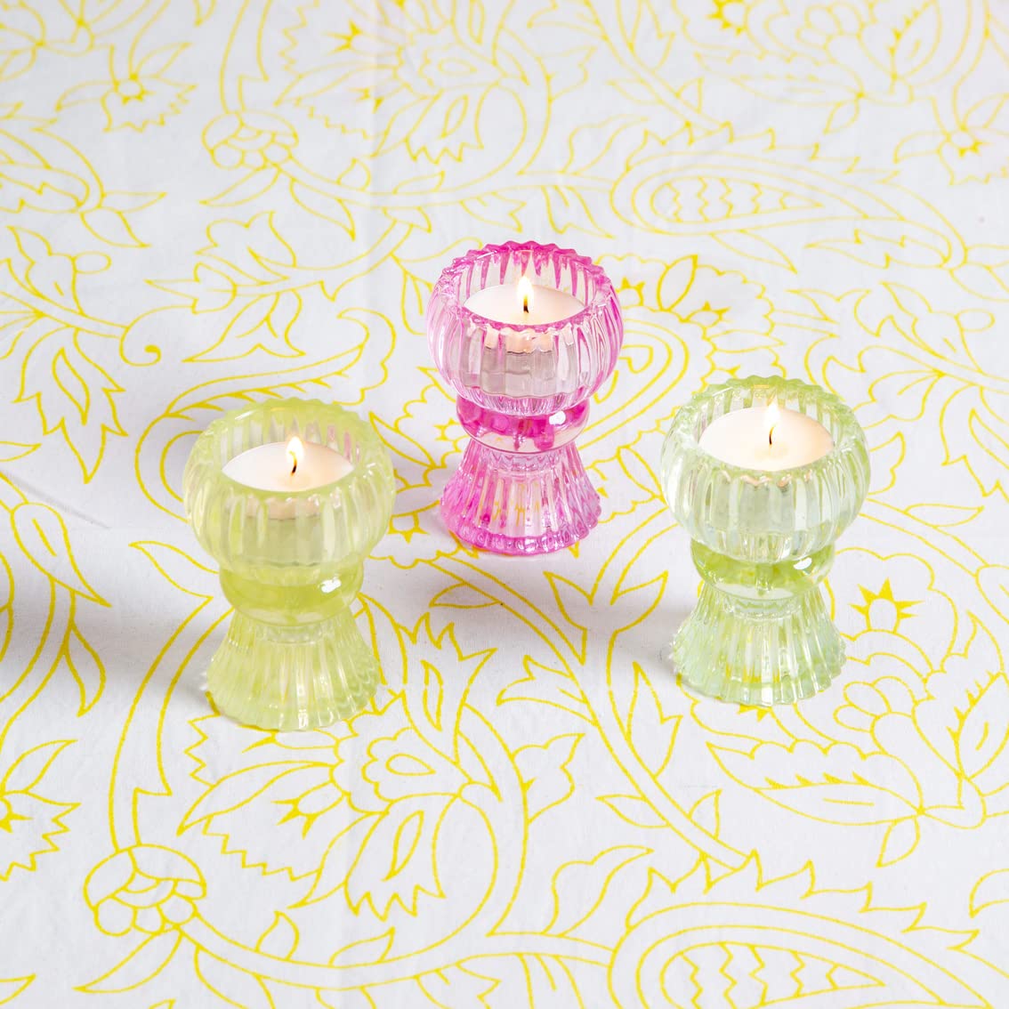 Small Light Green Glass Candle Holder for Candlesticks & Tea Lights - Boho Home Decor for Easter, Weddings & Dinner Parties | Decorative Table Centerpiece