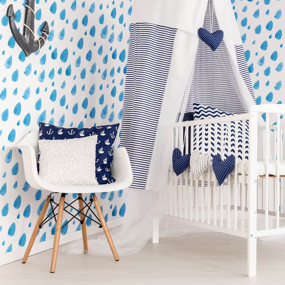 White and Blue Rain Baby Peel and Stick Removable Wallpaper 9805 - Waterproof Nursery Decor for Kids Room, Bedroom & Playroom