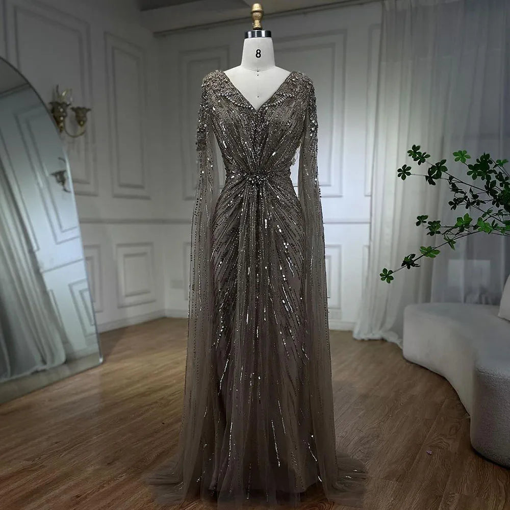 Serene Hill Arabic Turquoise Mermaid Beaded Cape Sleeves Elegant Evening Dress Gown 2025 for Women - Wedding, Prom, Gala & Special Occasion Formal Wear
