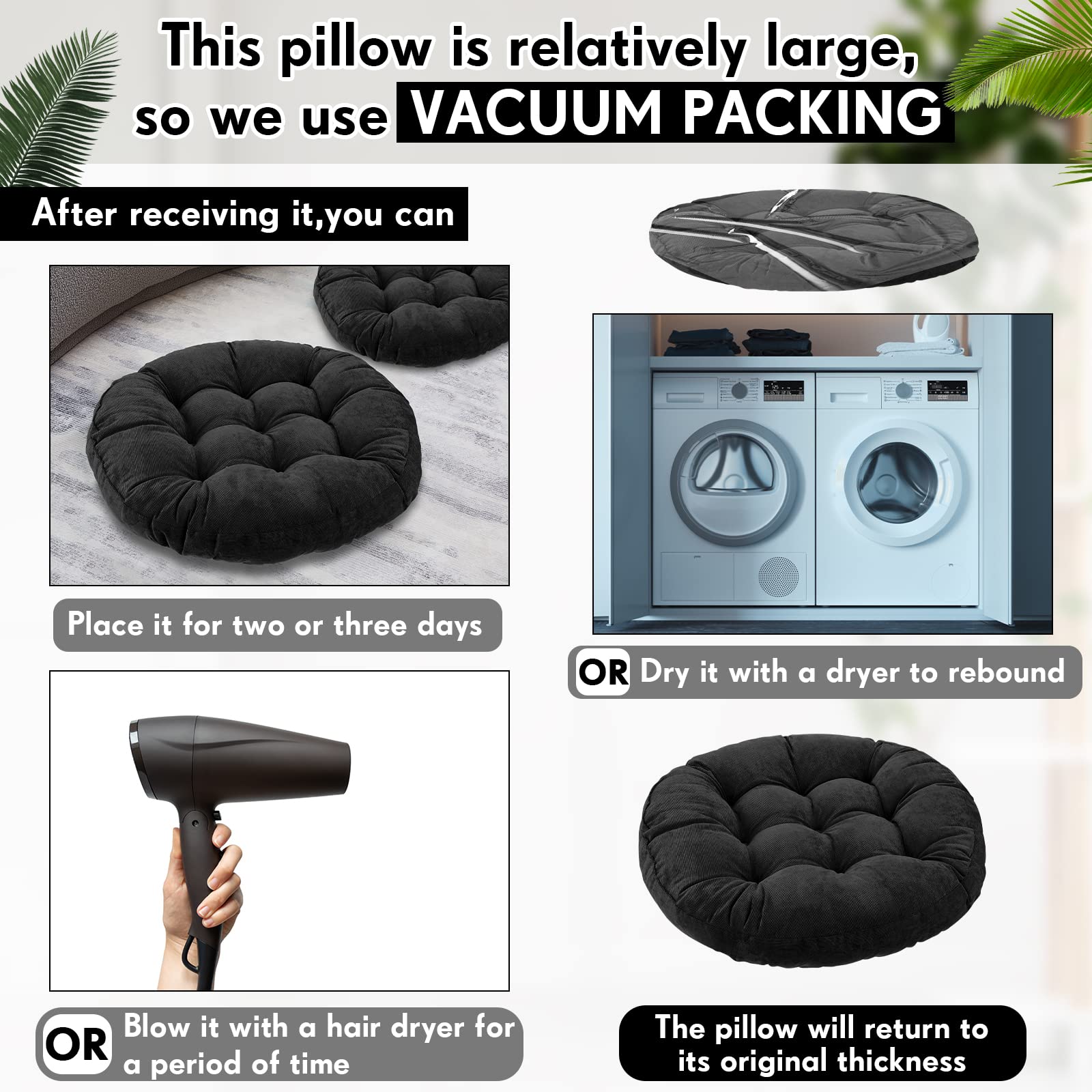 Jerify 22x22 Inch Round Floor Pillows - Large Meditation Cushions for Adults & Kids, Soft Floor Seating Pillows for Yoga, Reading, or Relaxation, Perfect Christmas Gift (Black, 6-Pack) - Ideal for Living Rooms, Bedrooms, and Meditation Spaces