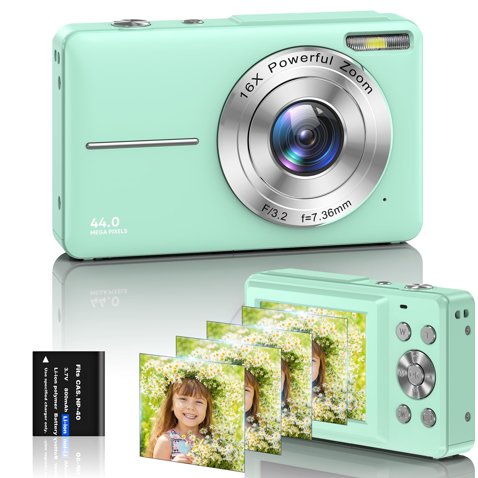 **44MP 1080P FHD Digital Camera for Kids & Beginners - Rechargeable, 16X Zoom, Compact (Green) - Perfect for Travel, School, Birthday Gifts & Photography Learning**