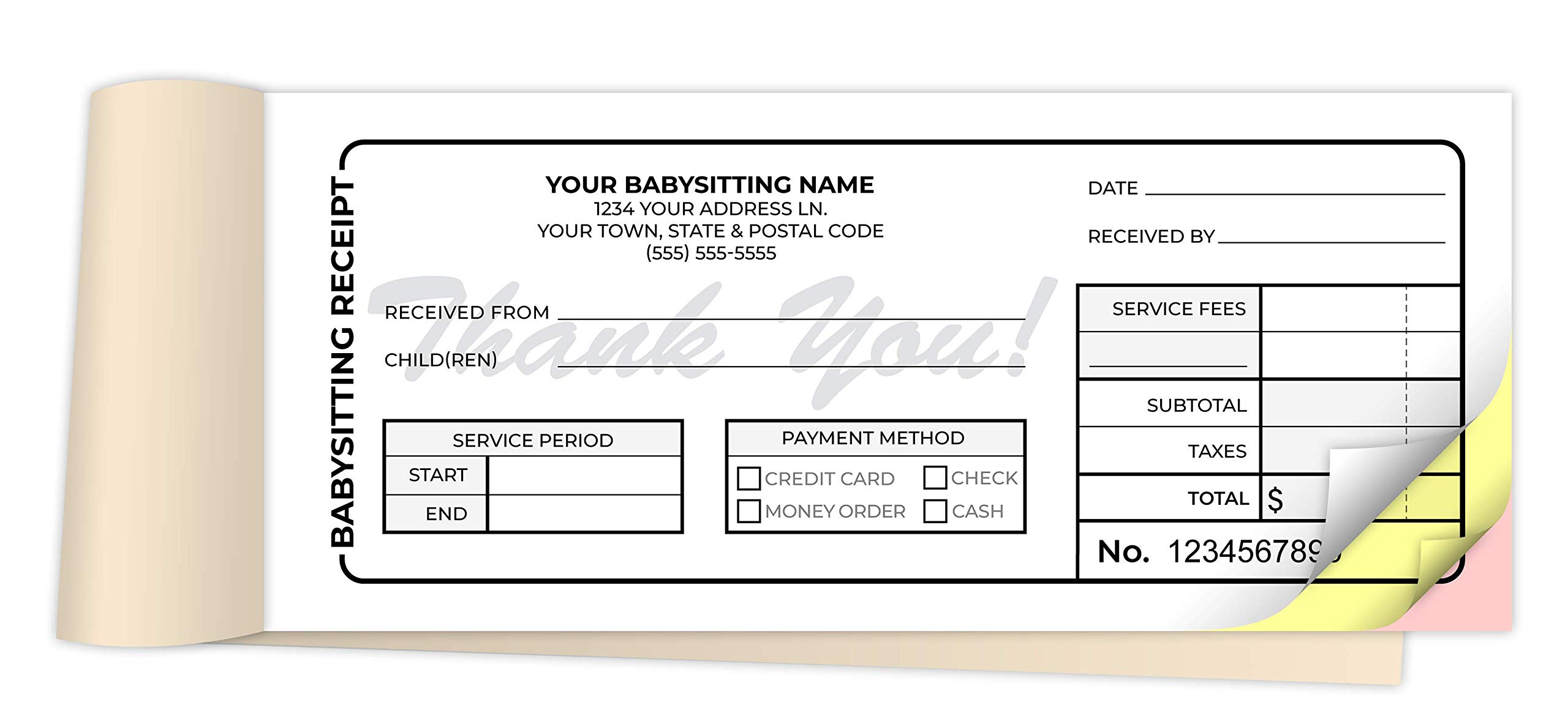 Custom Printed 2.83 x 7 Inches Carbonless Babysitting Receipt Books - NCR 3-Part Staple Bound Pads with Manila Cover - Personalized with Your Company Name (1500 Qty) - Perfect for Childcare Services, Nanny Businesses & Home Daycare Record Keeping
